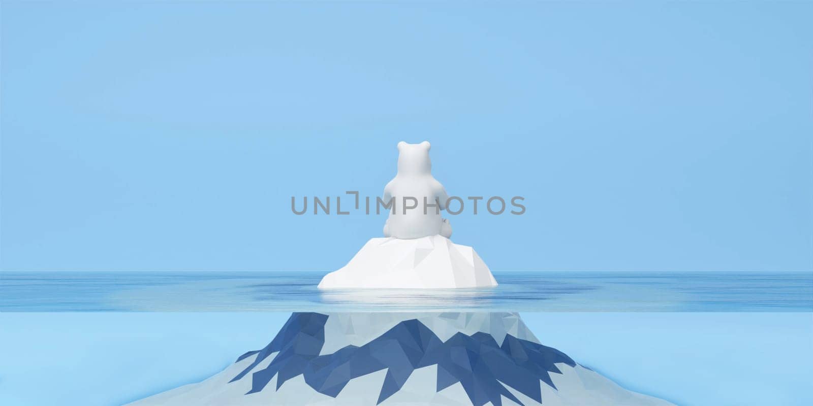 3d polar bear on ice. Melting iceberg and global warming. Climate change. 3d rendering illustration..