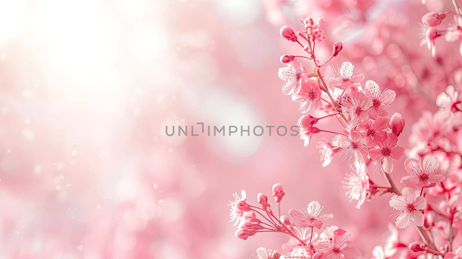 Pink flower on tree twig: Flowery plant in magenta hues, copy space by Edophoto