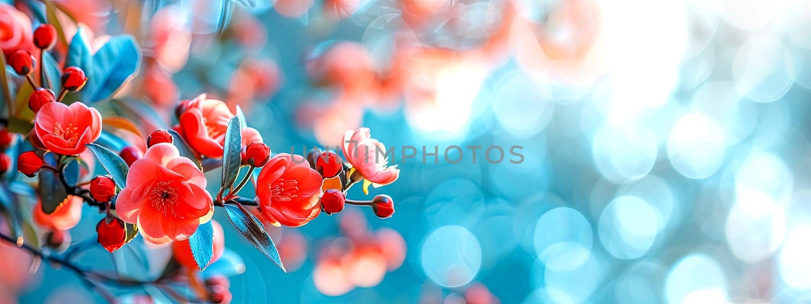 A vibrant flowering plant with red flowers and berries, set against an electric blue sky. The colorful petals create a beautiful pattern in this macro photography, complemented by fluffy clouds.