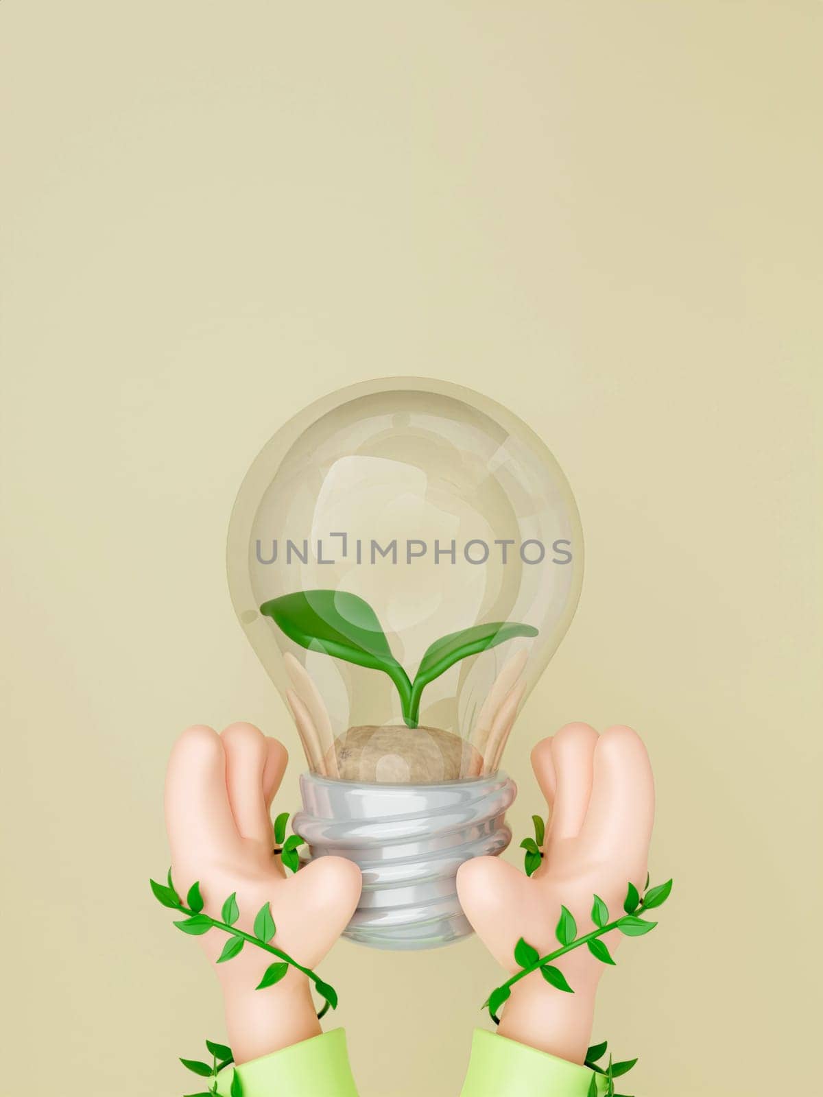 3d hand hold light bulb with plant. concept ecology and environment. Save the Earth, Protect environmental and eco green life, ecology and nature protect. 3d rendering illustration..