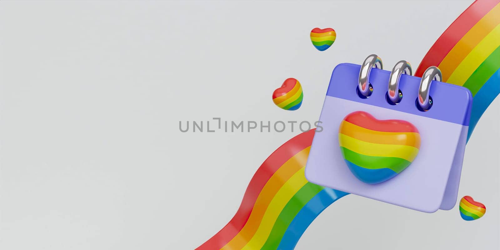 3d LGBTQ Pride Month. Tear-off calendar with 3d rainbow heart for design of LGBTQ events. 3d symbol of Pride day. 3d rendering illustration. by meepiangraphic