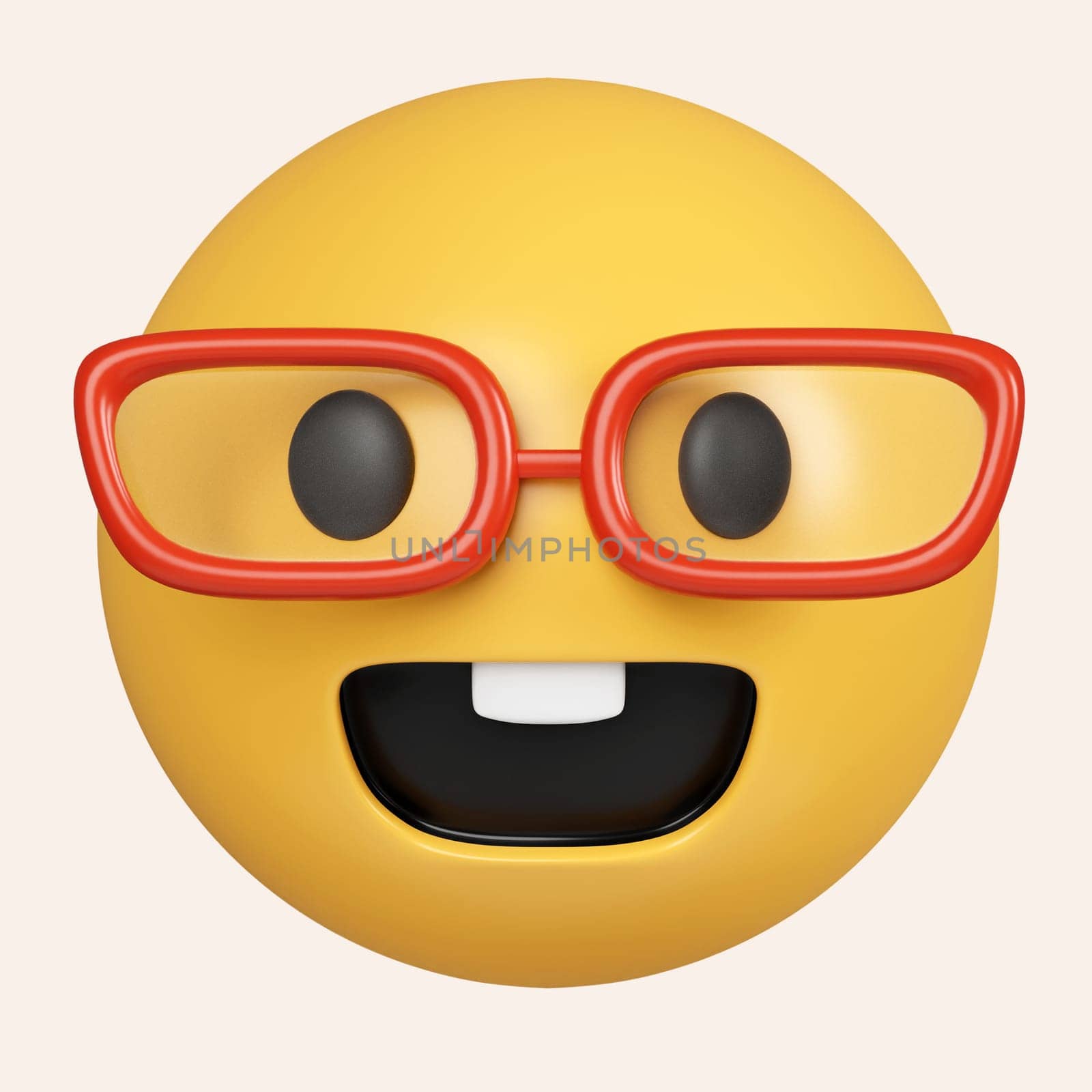 3d Nerd face emoji with spectacles. Cute smiling emoticon wearing eyeglasses, emoji, smiley. icon isolated on gray background. 3d rendering illustration. Clipping path..