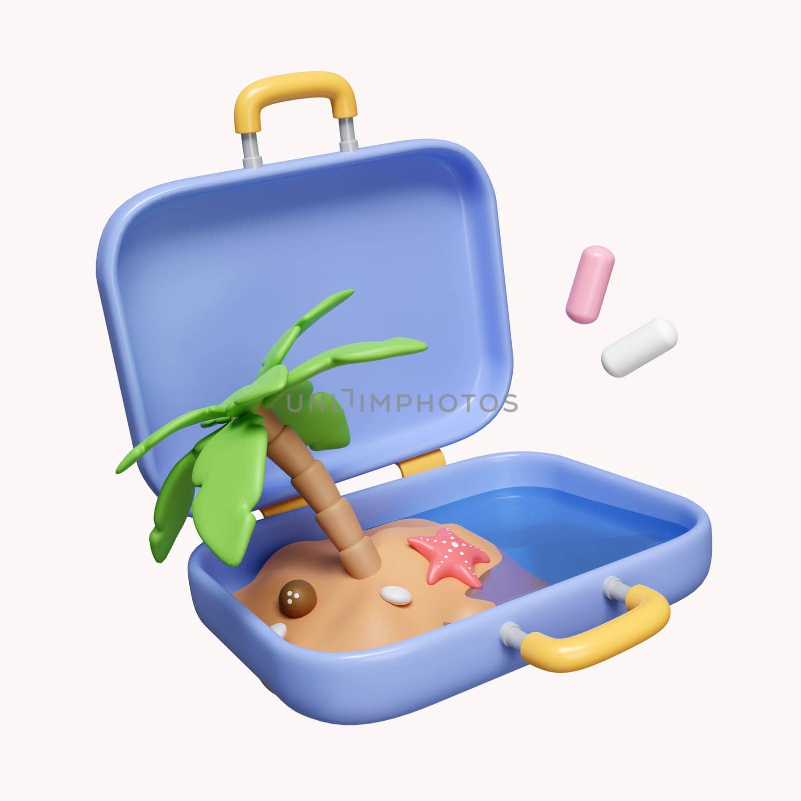 3d conceptual tropical island in suitcase. summer vacation and holidays concept. travel. icon isolated on white background. 3d rendering illustration. Clipping path. by meepiangraphic