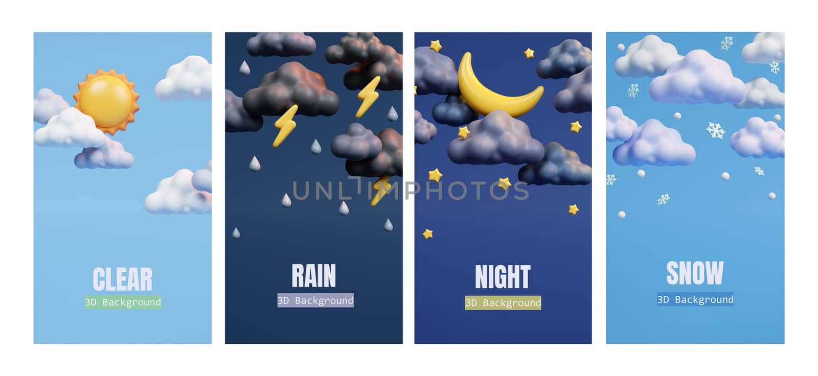 3d set with fluffy clouds. Weather forecast app widgets. Thunderstorm, rain, sunny day, night and winter snow. 3d illustration.