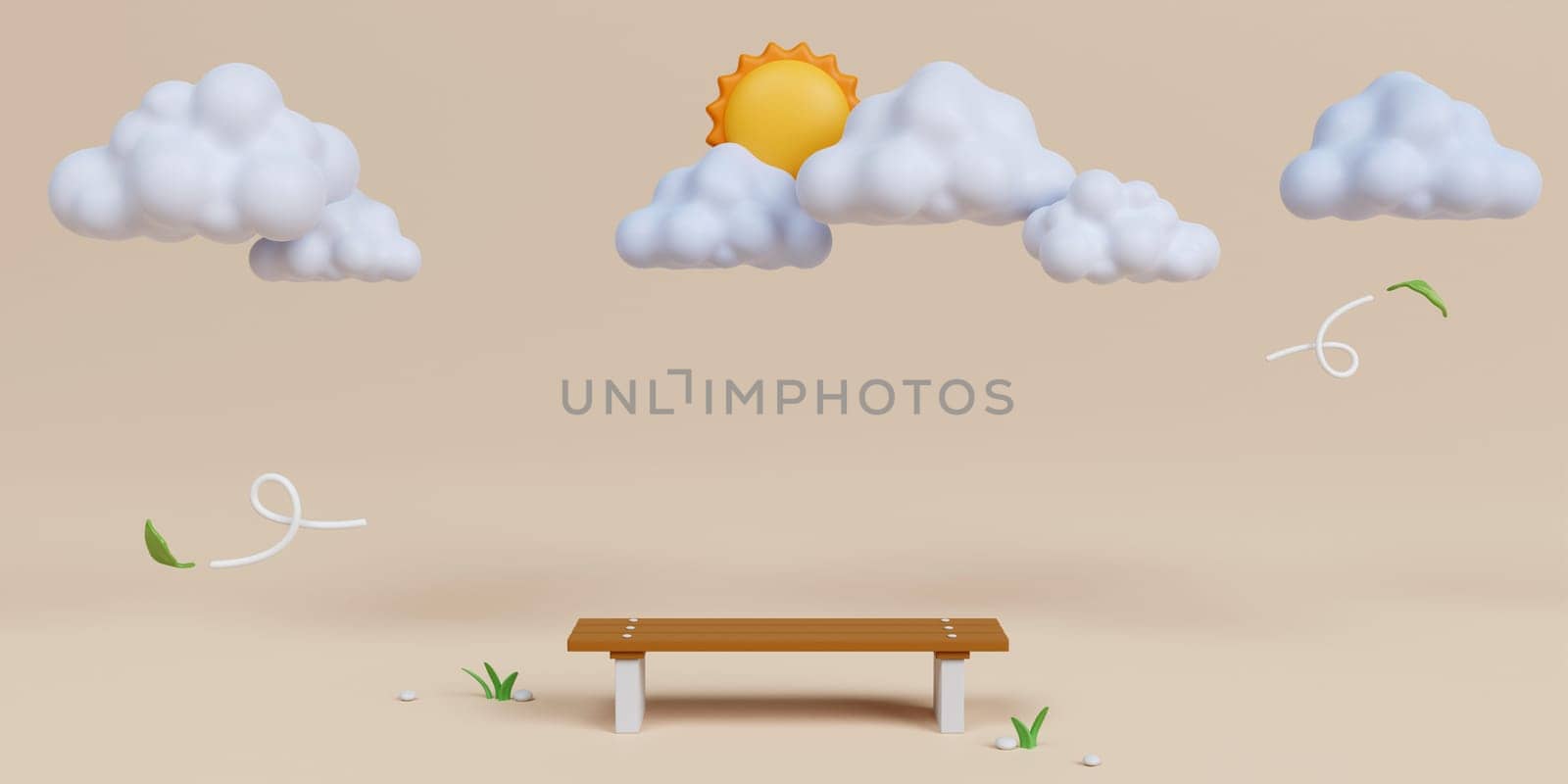 3d bench with Cloudy and sun on beige background. 3d rendering illustration..