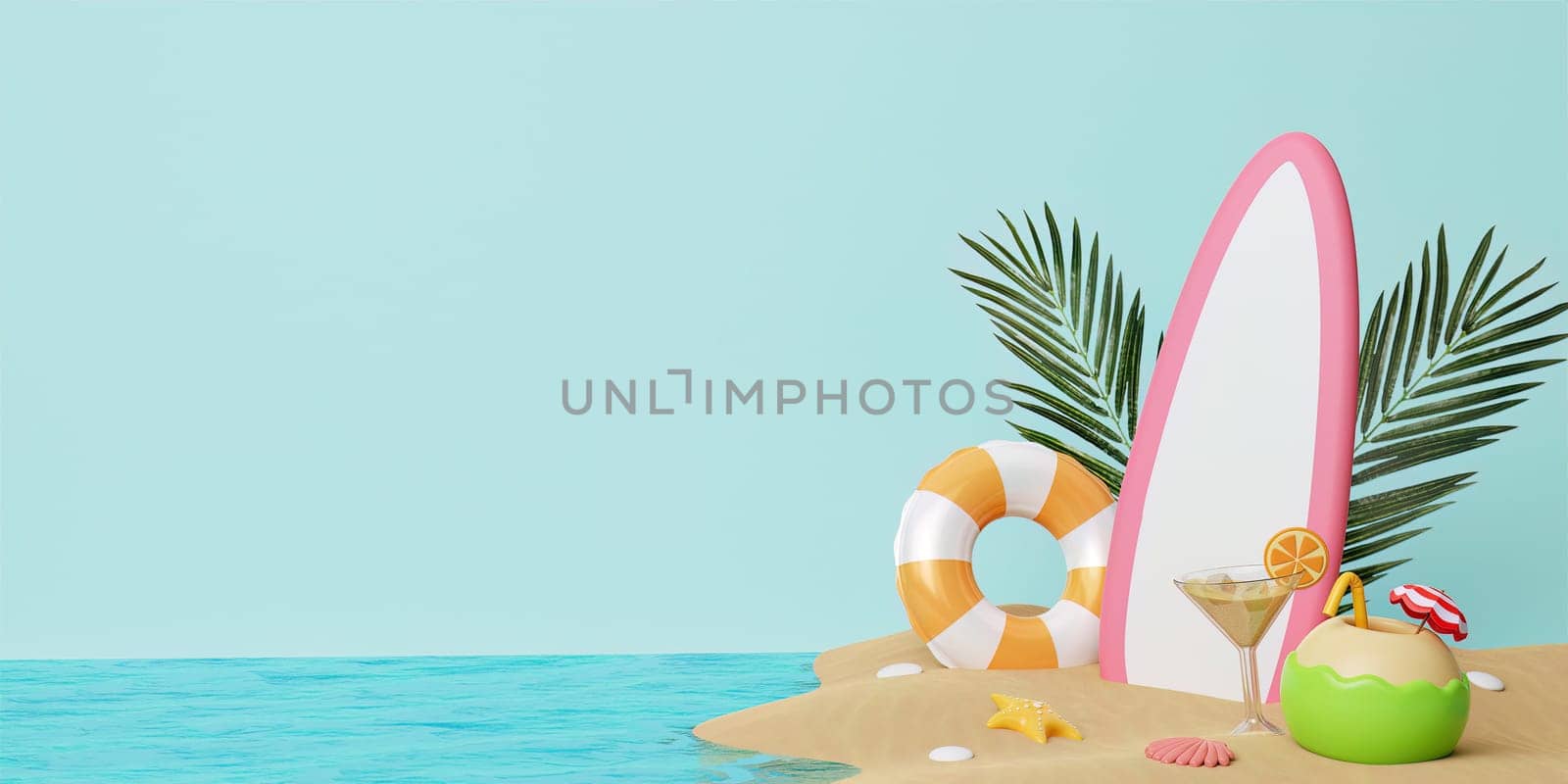 Summer vacation island. beach accessories ready for summer vacation. Creative travel concept idea with copy space. 3d rendering illustration.