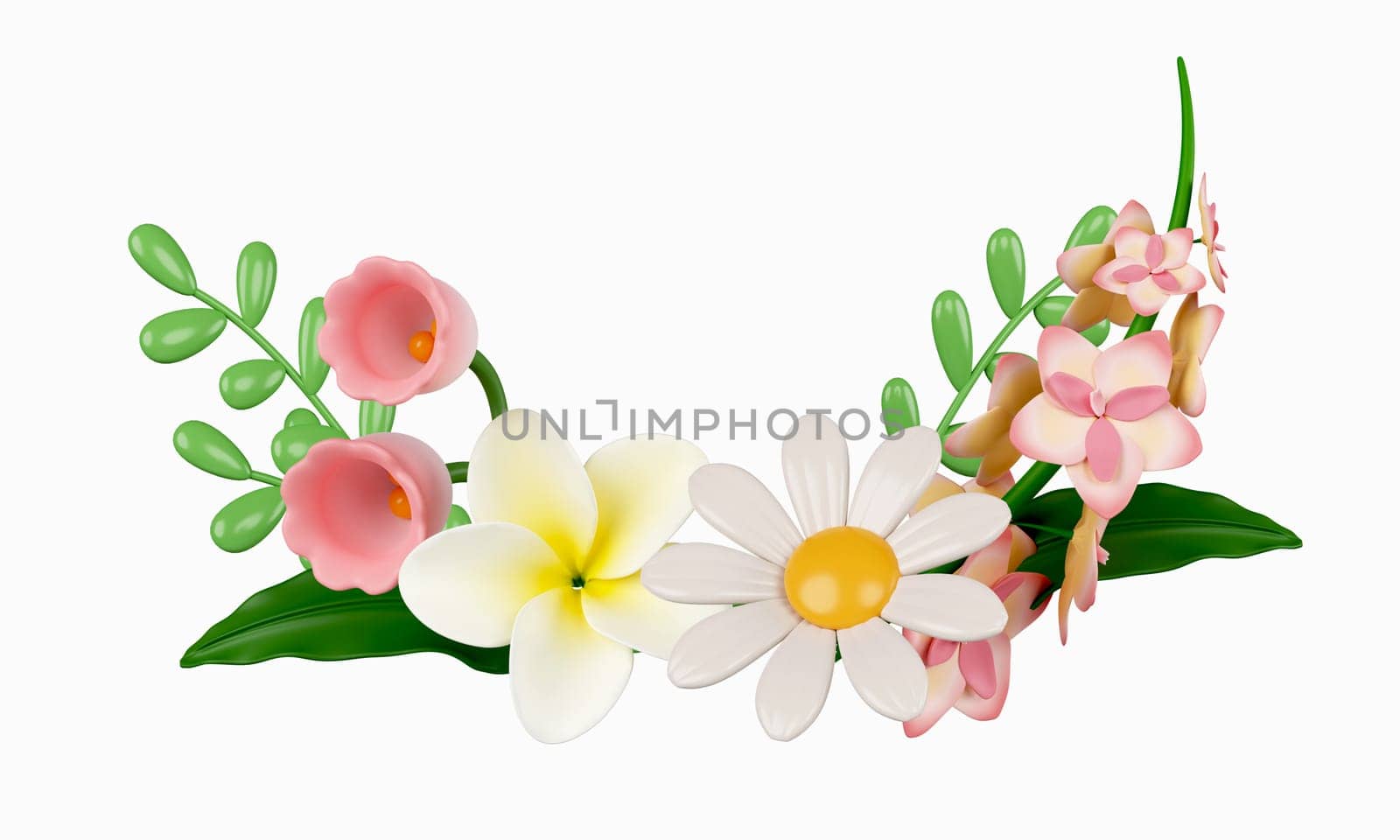 3d decorative flowers. Colorful spring bouquet. Floral arrangement garland. icon isolated on white background. 3d rendering illustration. Clipping path..