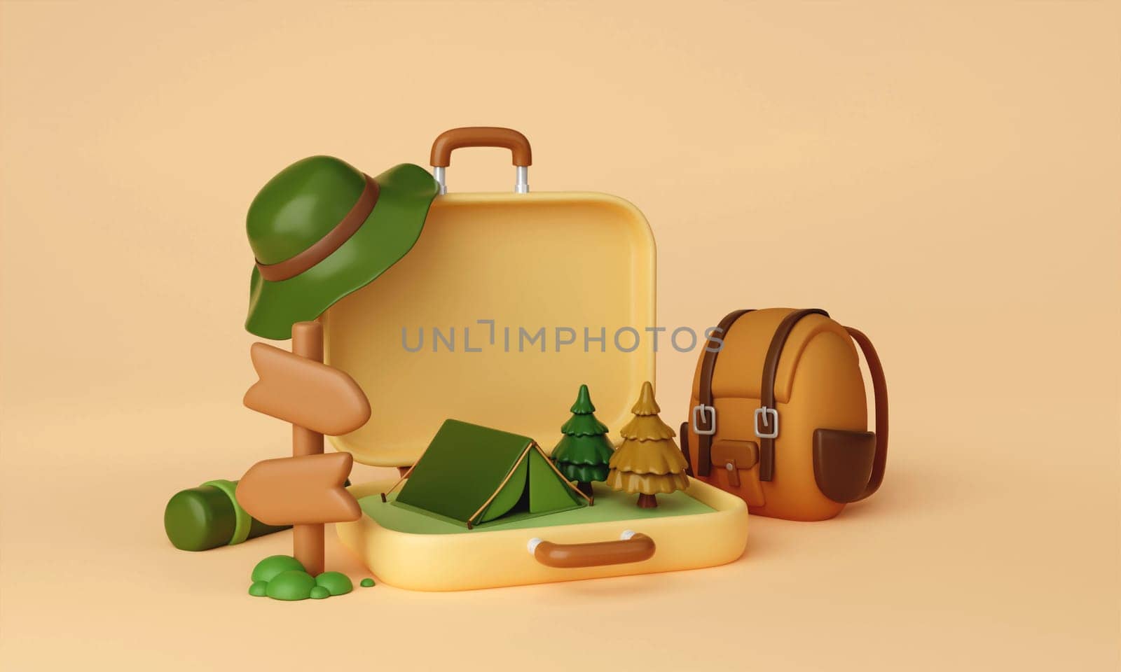 3d Campsite in nature and elements for camping, summer camp, traveling evening, trip, hiking. Concept. 3d rendering illustration..