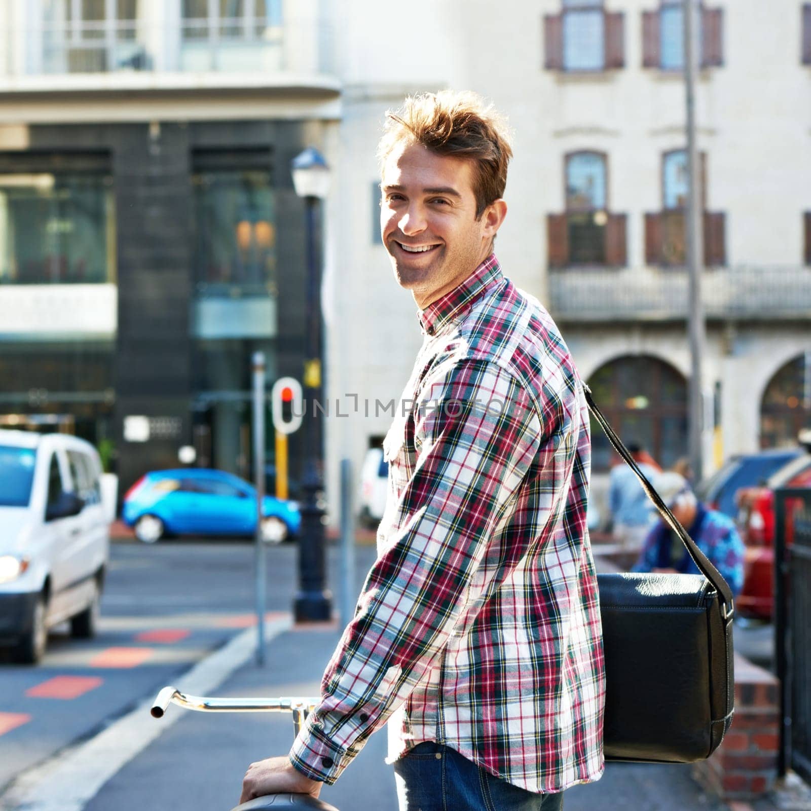 Portrait, happy man and push bicycle in street to travel on eco friendly transport outdoor, commute or walk. Cycling, person and bike in urban town, city and road for journey on sidewalk in Canada.