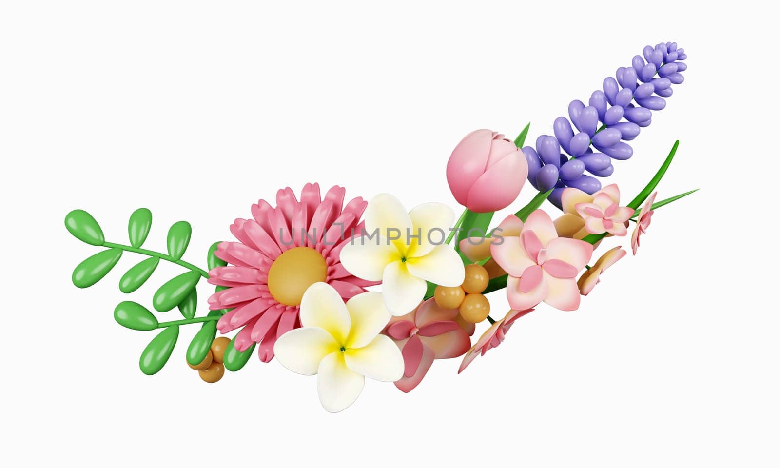 3d decorative flowers. Colorful spring bouquet. Floral arrangement garland. icon isolated on white background. 3d rendering illustration. Clipping path..