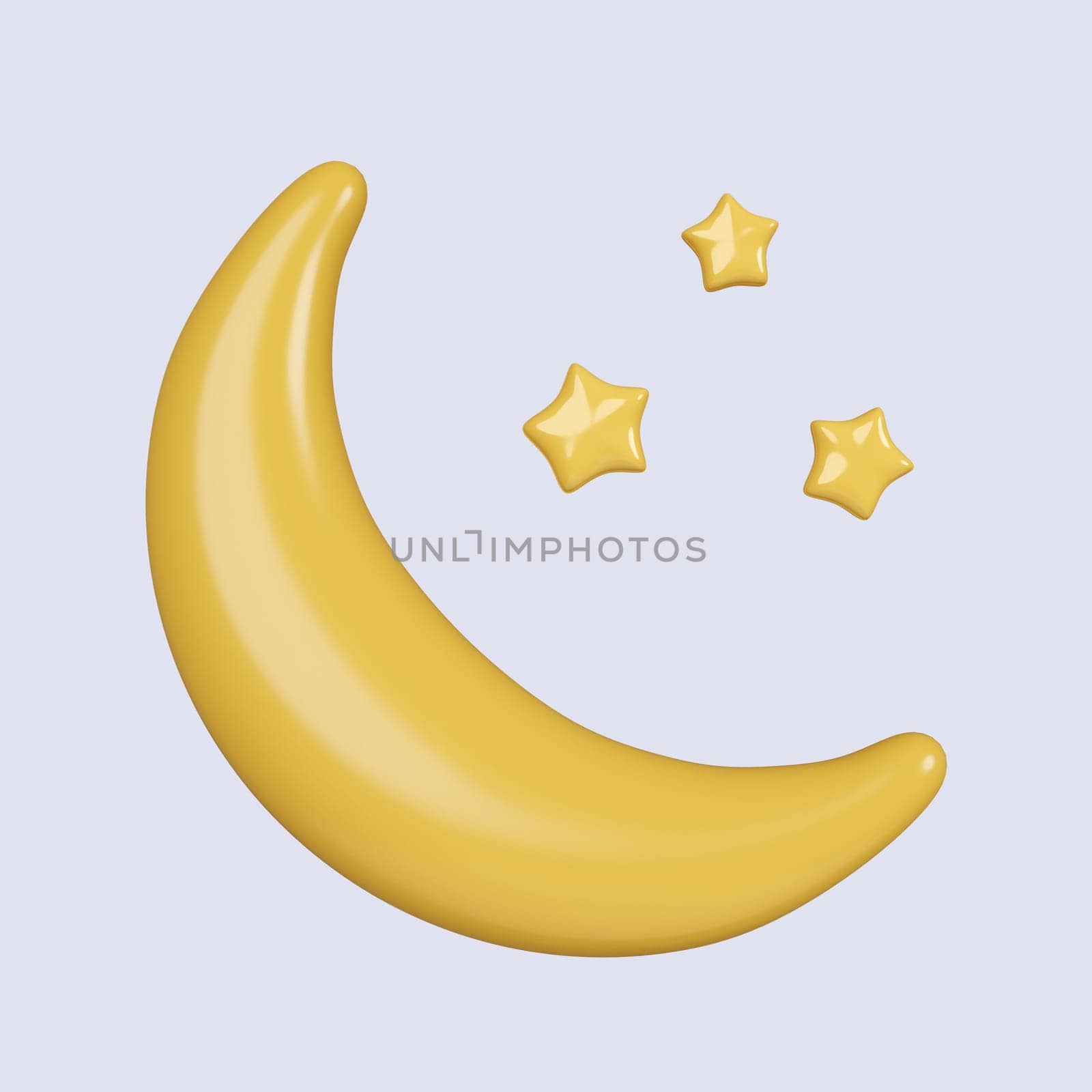 3d moon and stars. Decorative gold holiday. icon isolated on gray background. 3d rendering illustration. Clipping path..
