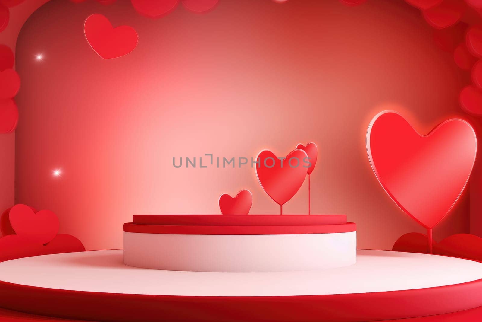 Valentines podium pedestal with 3d pink heart and cloud . generative ai.