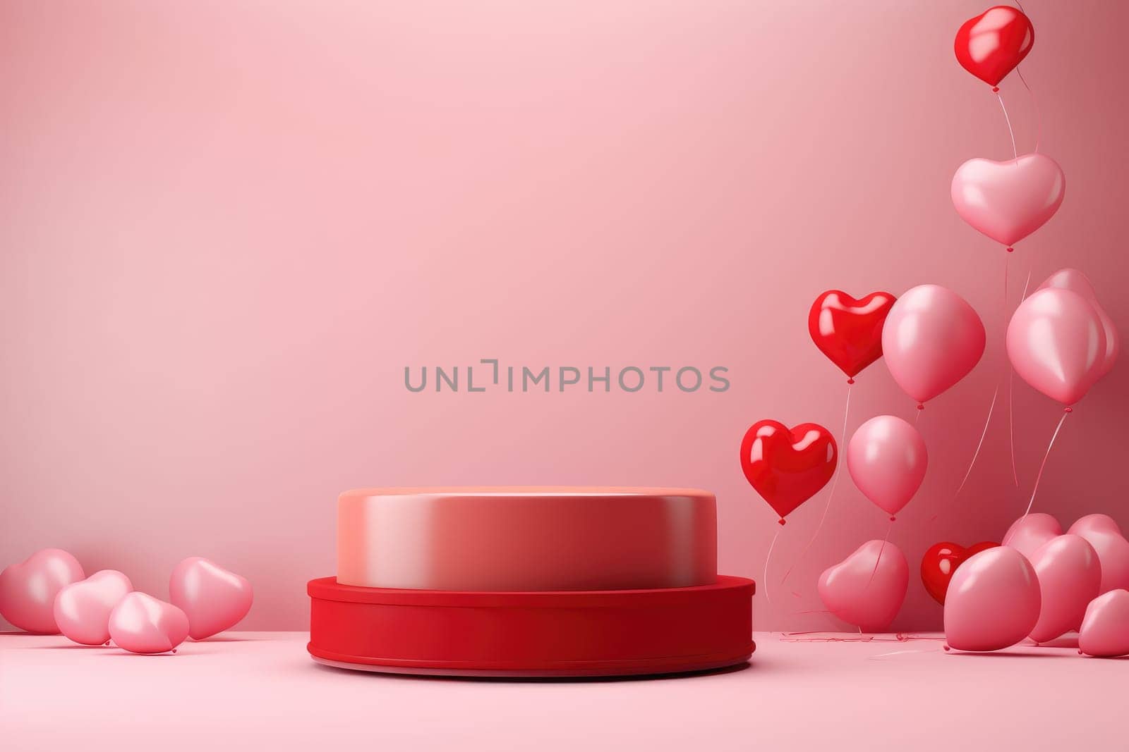 3D podium Valentine heart shaped balloons, Empty stage display presentation product, AI generate.