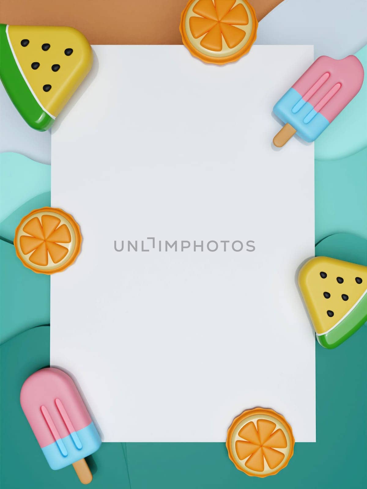 Summer vacation. white frame Decorated with popsicle watermelon and orange. Creative travel concept idea with copy space. illustration banner 3d rendering illustration.