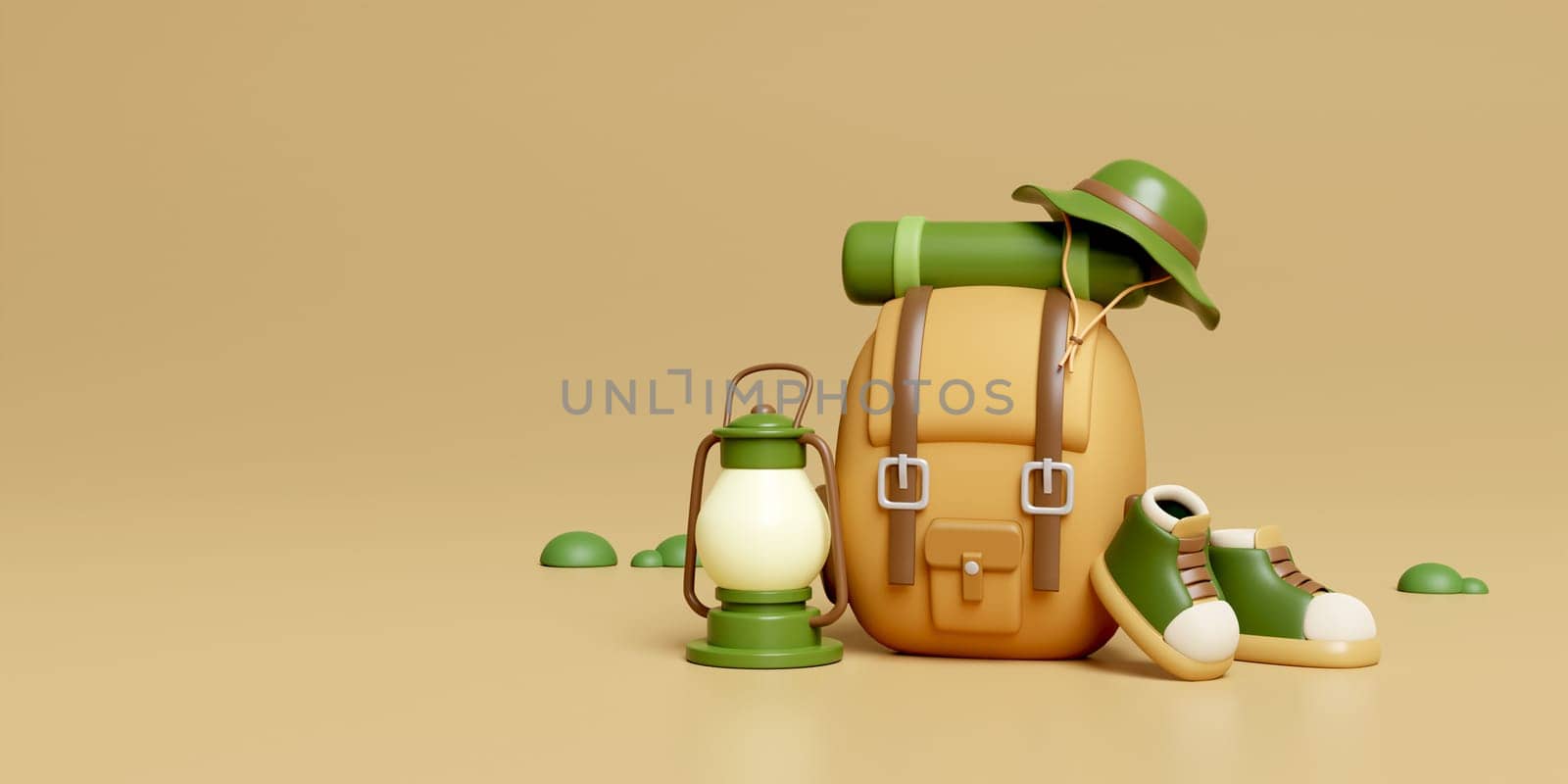3d Backpacks and elements for camping, camp fire, trip, hiking. Concept. 3d rendering illustration..