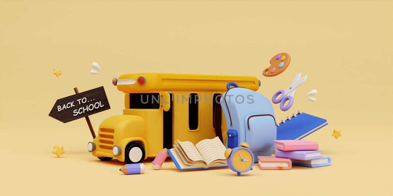 3d School bus with school accessories on yellow background. back to school. Ready for school concept. 3d rendering illustration. by meepiangraphic