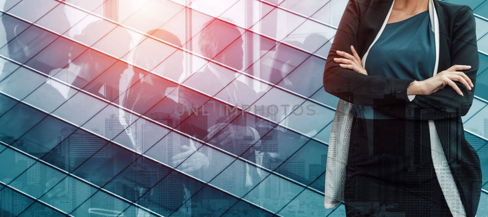 Double Exposure Image of Success Business People on abstract modern city background. Future business and communication technology concept. Surreal futuristic multiple exposure graphic interface. uds