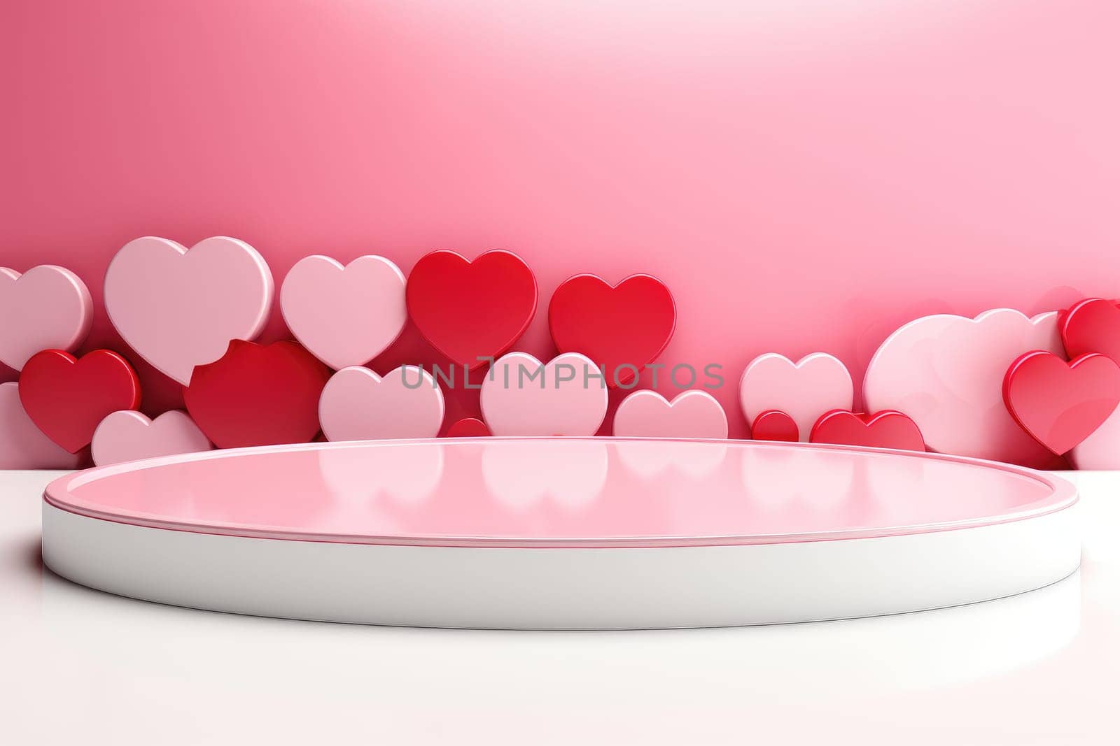 3D podium Valentine heart shaped balloons, Empty stage display presentation product, AI generate by matamnad