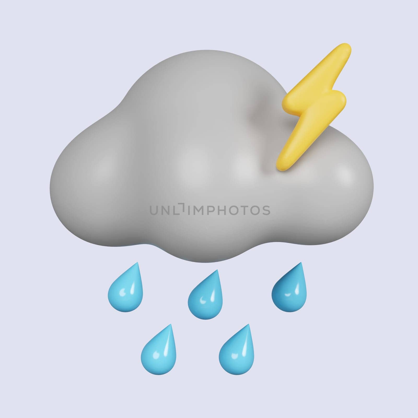 3d weather. cloud and rain with yellow glowing lightning bolt. icon isolated on gray background. 3d rendering illustration. Clipping path..