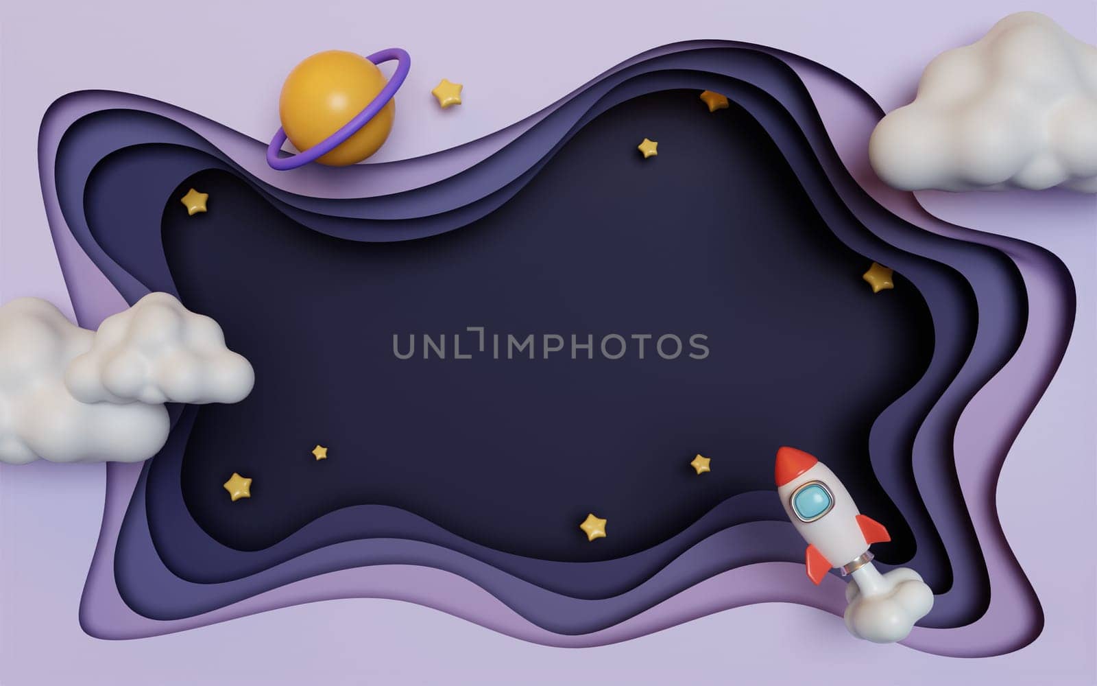 3d space paper cut. Creative space design with star and clouds on purple background. banner, 3d render illustration.