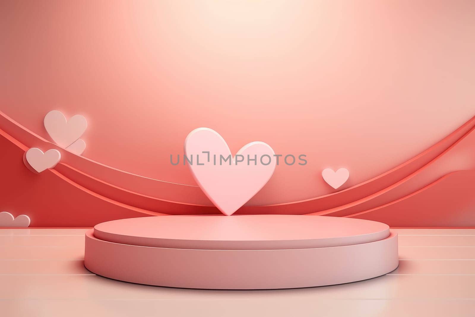 Valentines podium pedestal with 3d pink heart and cloud . generative ai by matamnad