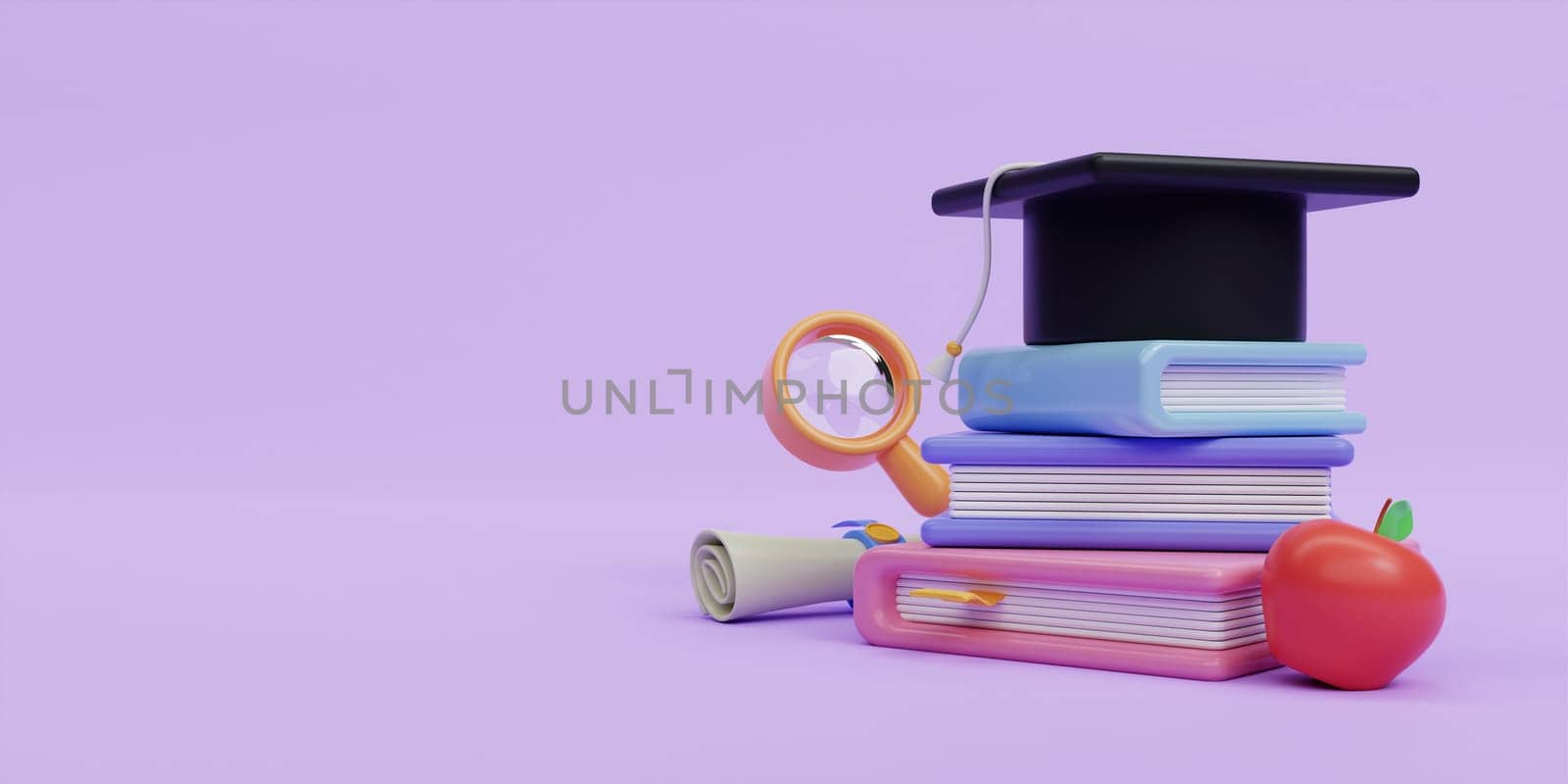 3d education concept. graduation hat on book with school accessories on purple background. back to school. 3d rendering illustration..