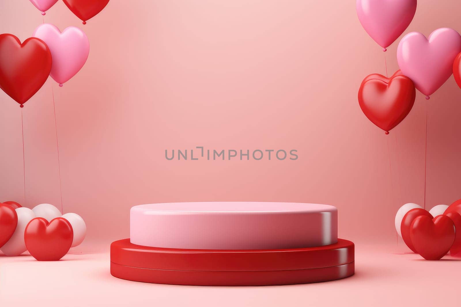 3D podium Valentine heart shaped balloons, Empty stage display presentation product, AI generate by matamnad