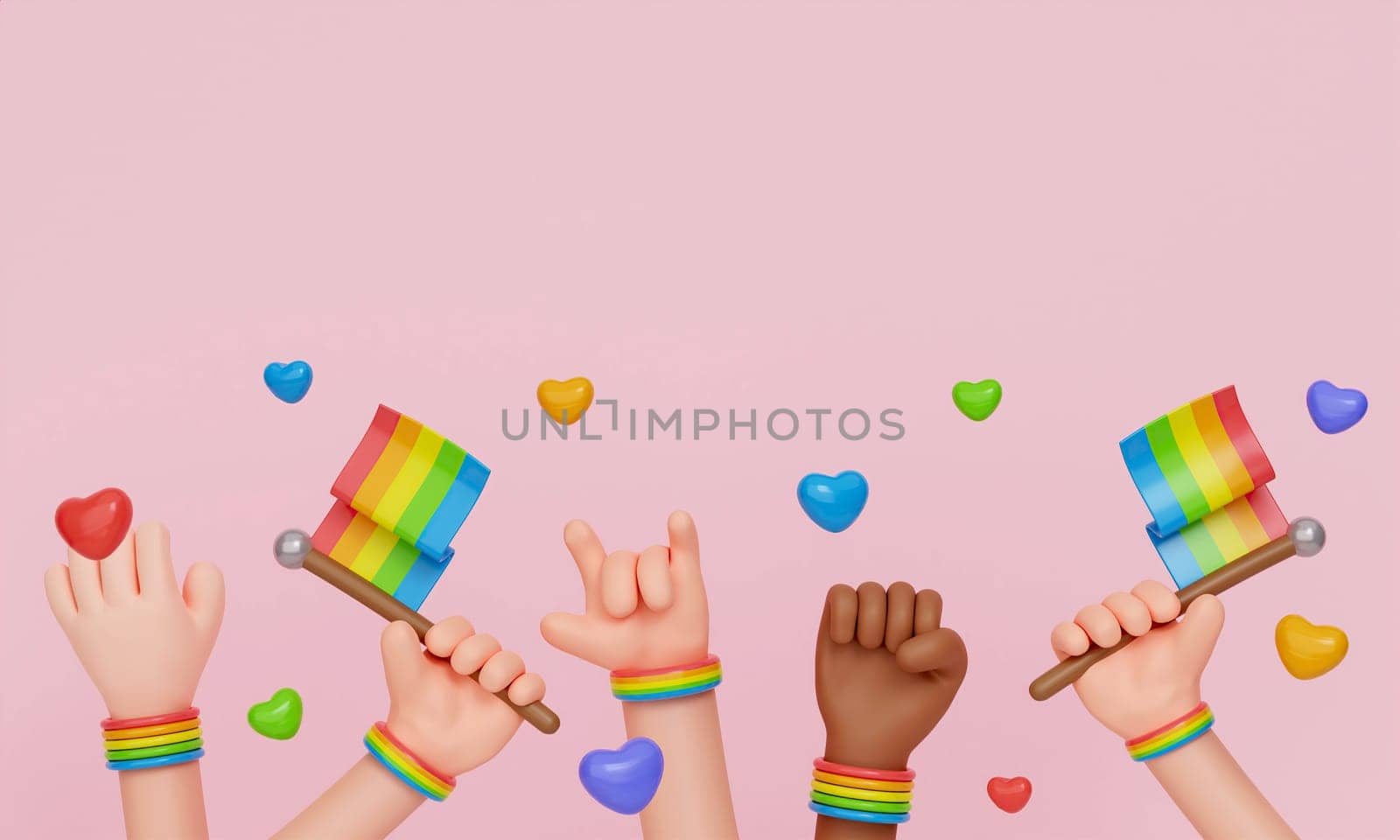 3d LGBT pride parade poster. Cartoon hands celebrating bisexual homosexual transgender equality. 3d rendering illustration..