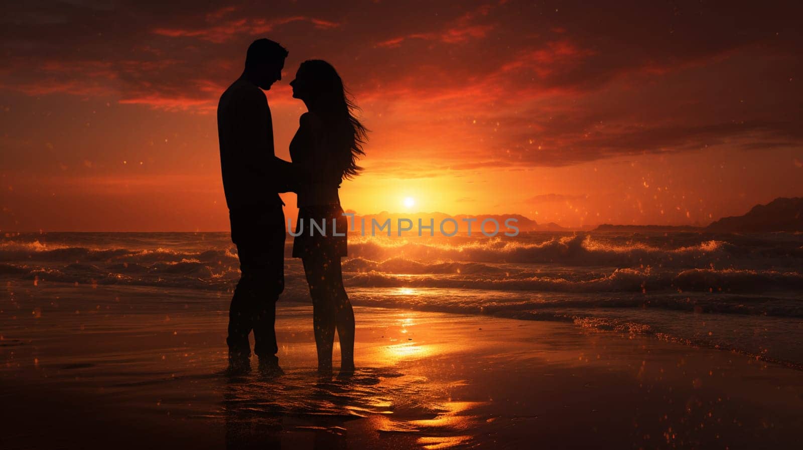 Silhouettes of couple in love kissing and embracing at tropical sea sunset, full body. Male and female togetherness posing on sandy beach outdoor. Summer vacation lifestyle concept. Copy ad text space. High quality photo