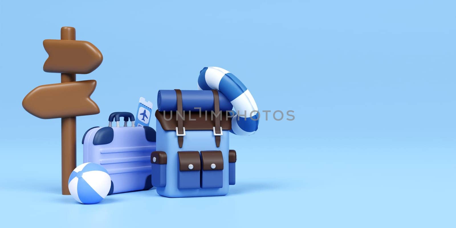 3d Backpacks and suitcase with traveler accessories on blue background. summer travel concept. 3d rendering by meepiangraphic