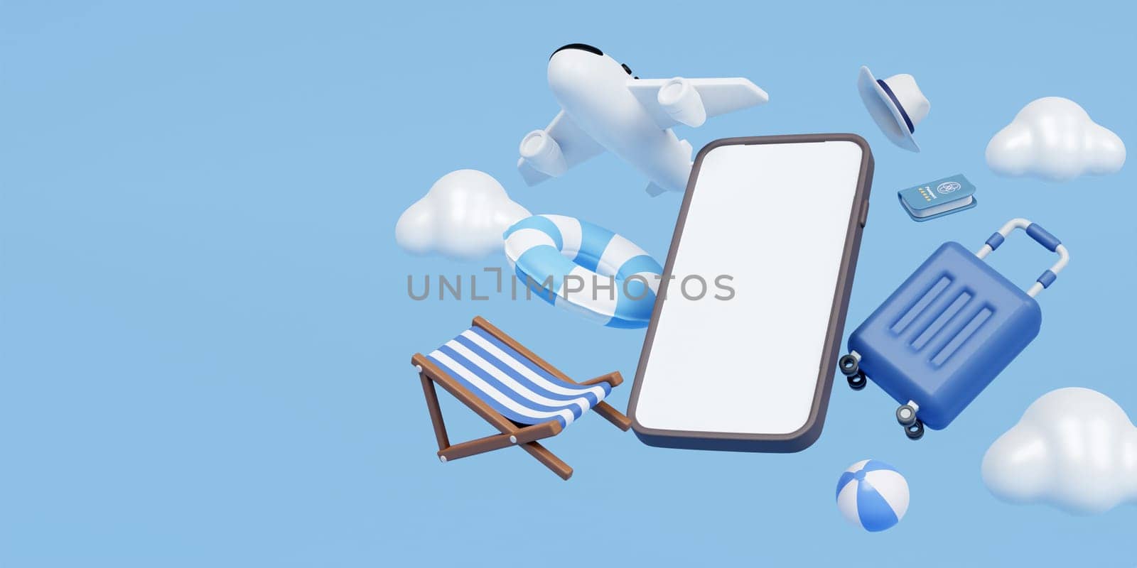 3d Suitcase and flight plane. travel online booking service on mobile .Tourism trip planning touring holiday summer concept. banner, 3d render illustration by meepiangraphic