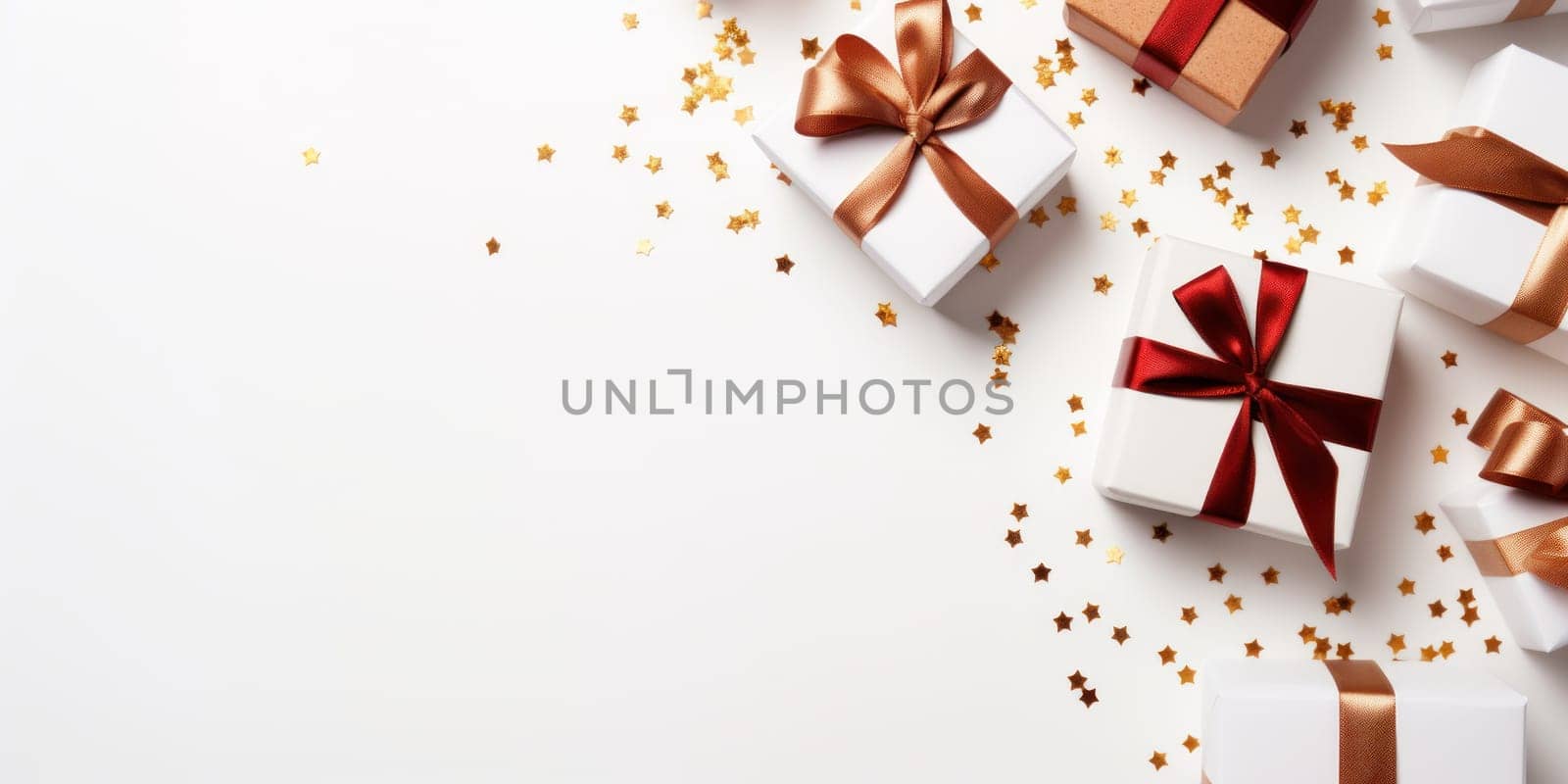 Merry Christmas. Modern Christmas flat lay with gift boxes background .Generative AI by matamnad