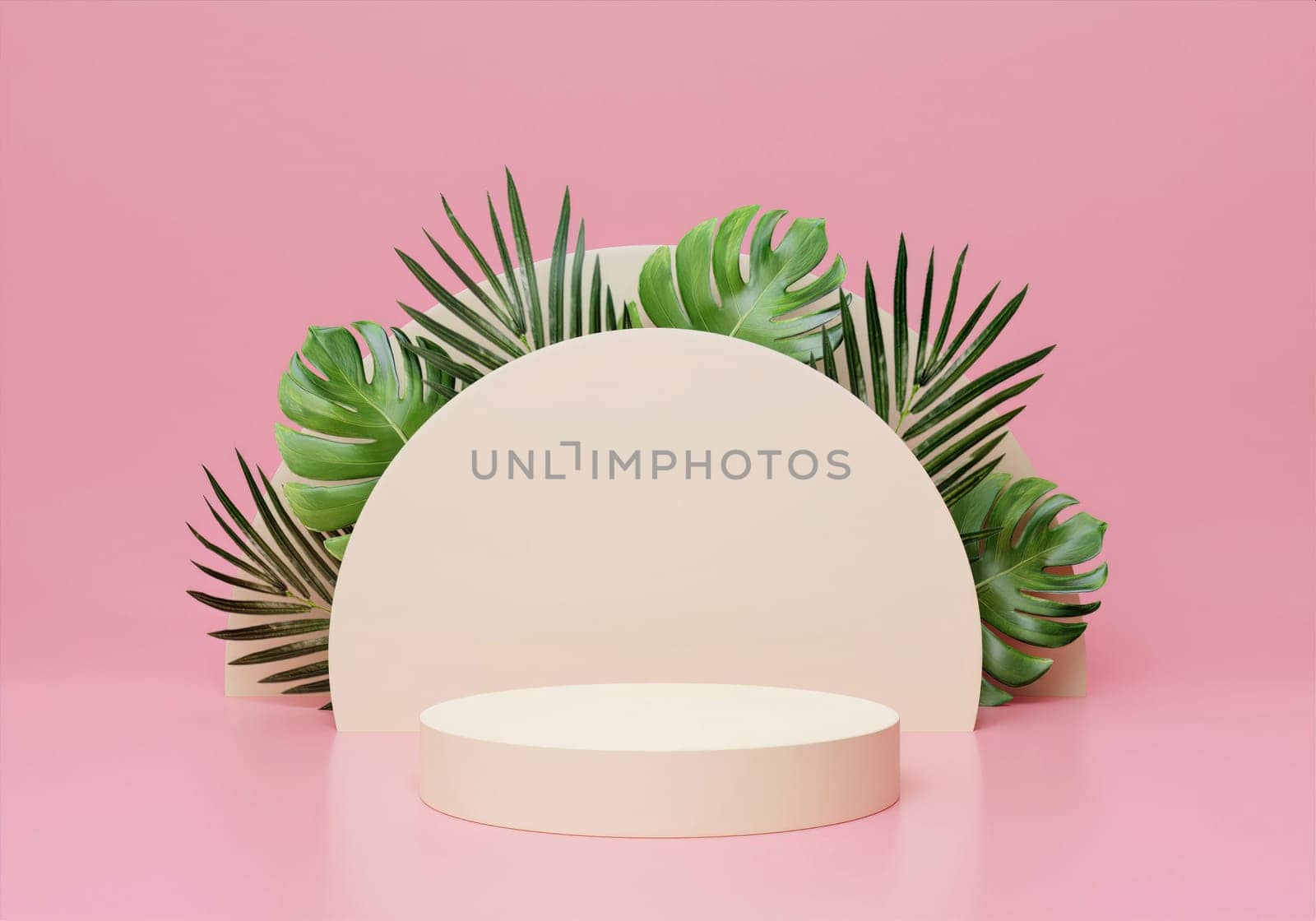 3d render of podium with summer plant, Summer holiday, Time to travel concept. Creative travel concept idea with copy space. illustration banner 3d rendering illustration.