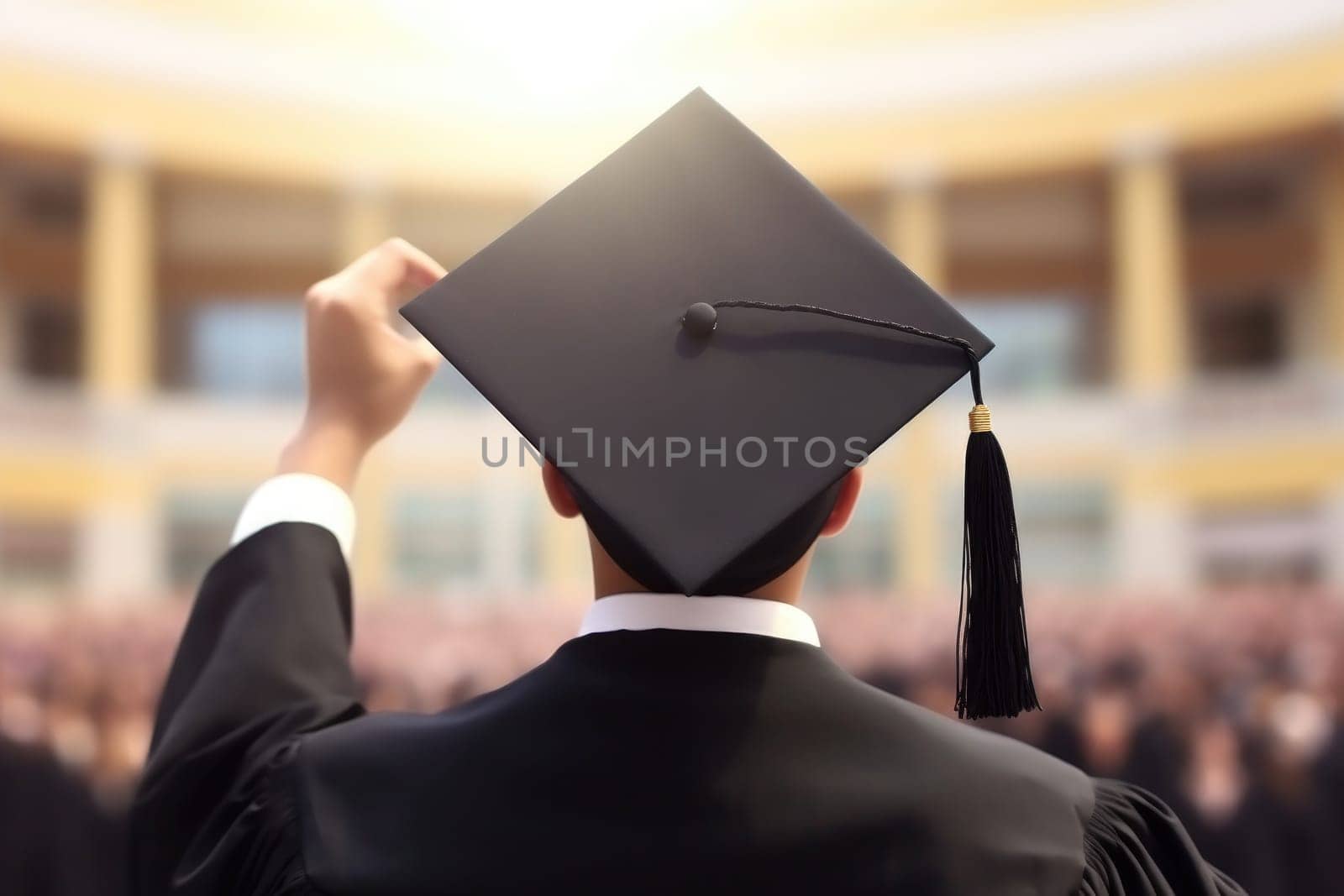 back view a students in black graduation during convocation ceremony .AI generative by matamnad