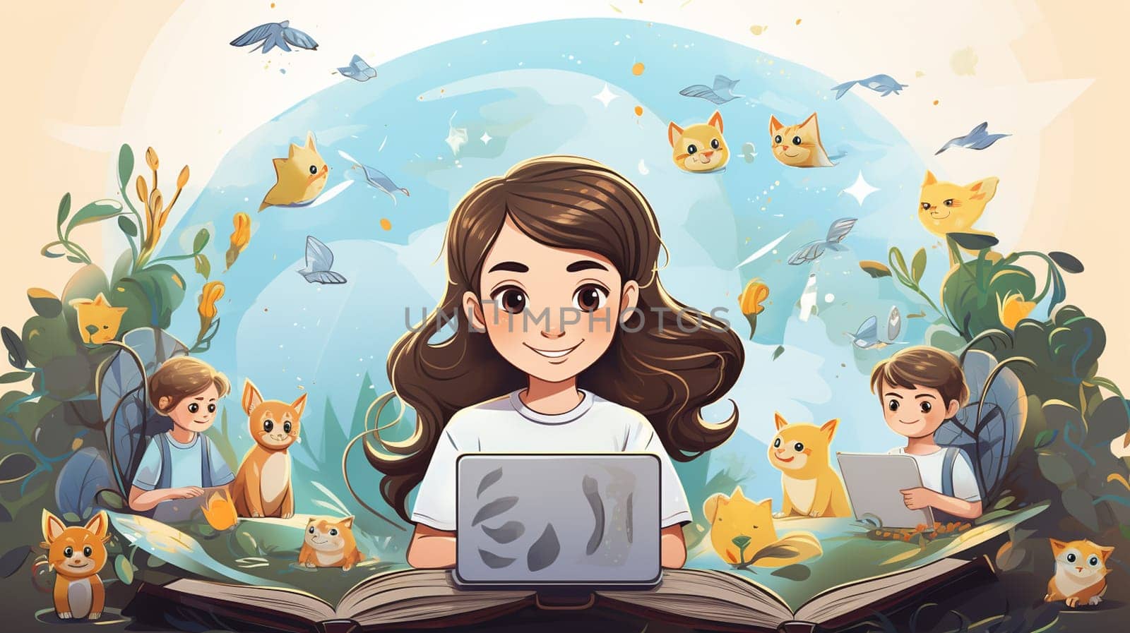 Illustration of a cute girl holding book illustration cartoon. Minimimailst art. High quality photo