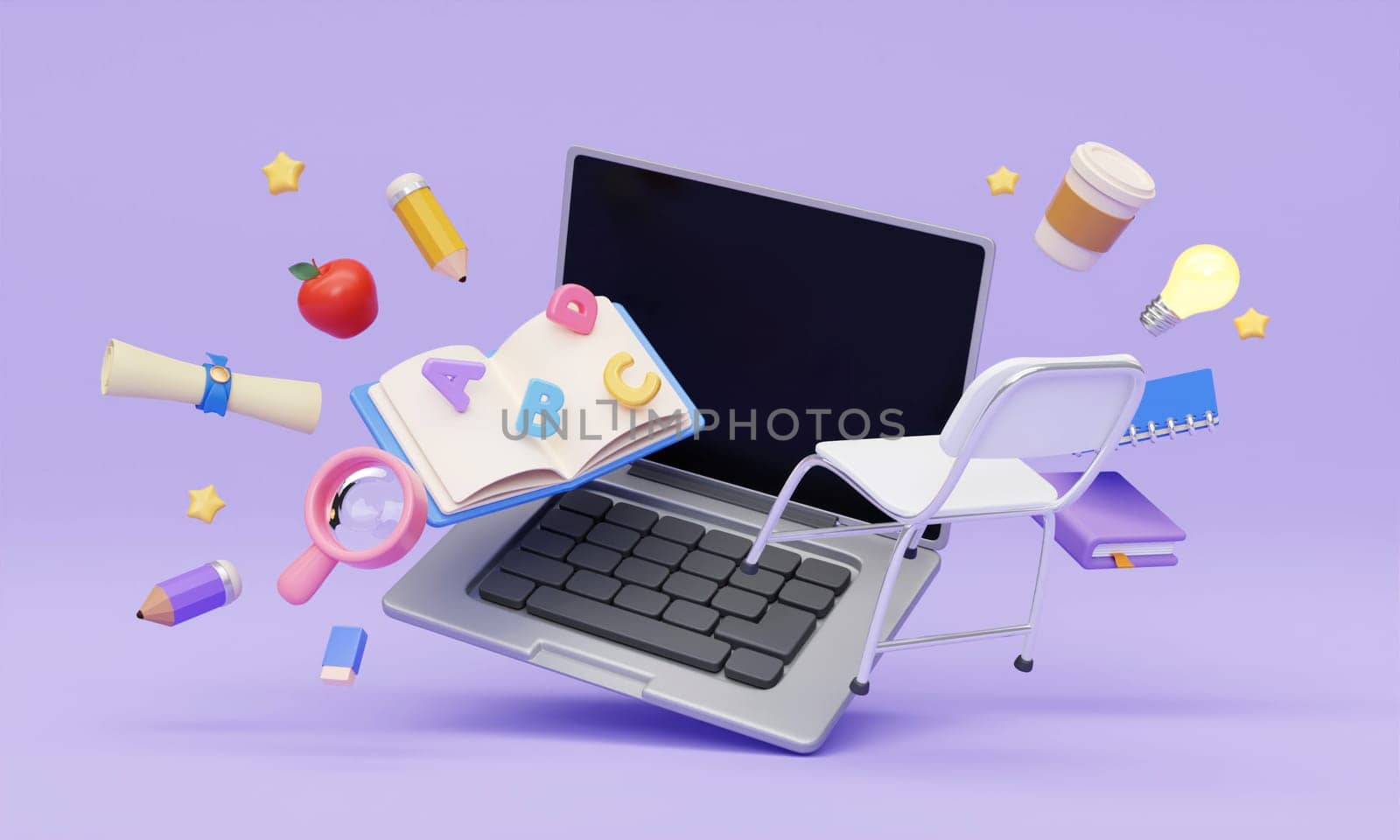 3d Laptop with school accessories on purple background. Online education concept. 3d rendering illustration..