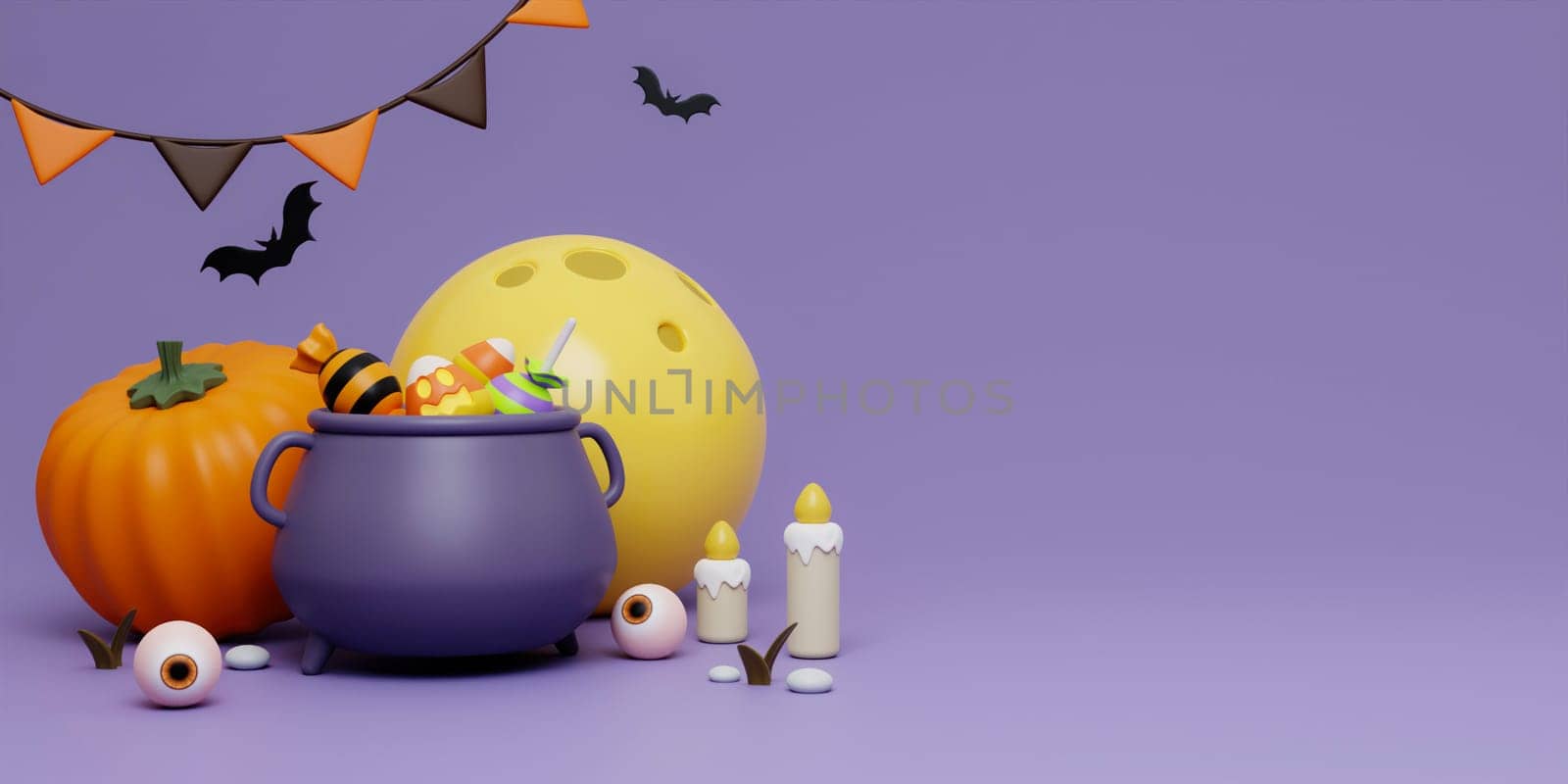 Happy Halloween Festive. Halloween poison pumpkin, candle, moon and bat . 3d cartoon style. Holiday Hallows' Eve or Saints' Eve. copy space. 3d render..