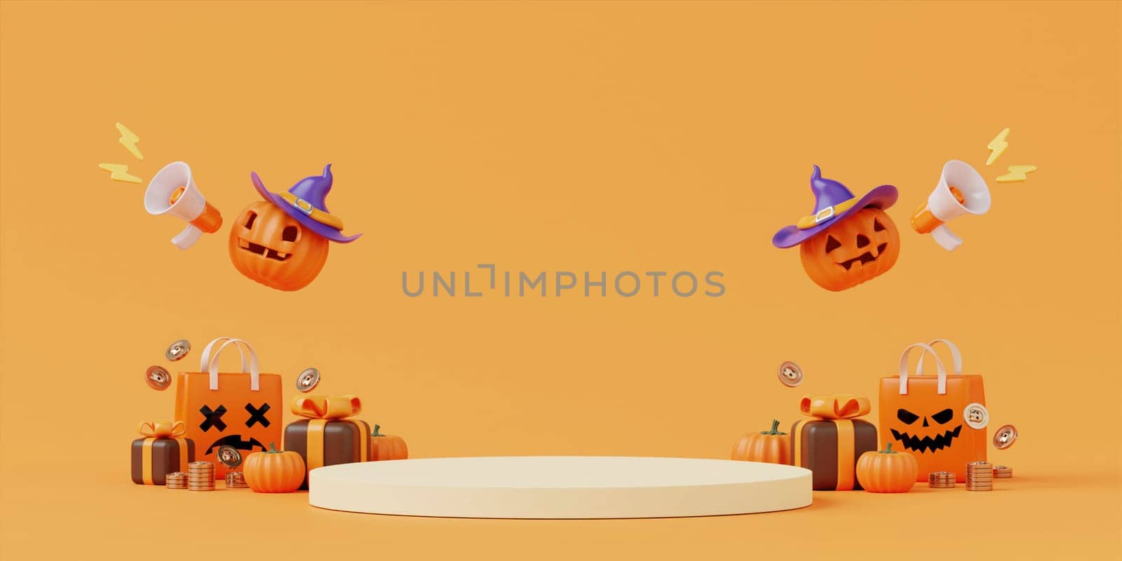 Halloween with pumpkin and empty minimal podium pedestal product display background and Halloween Elements. 3d render. by meepiangraphic