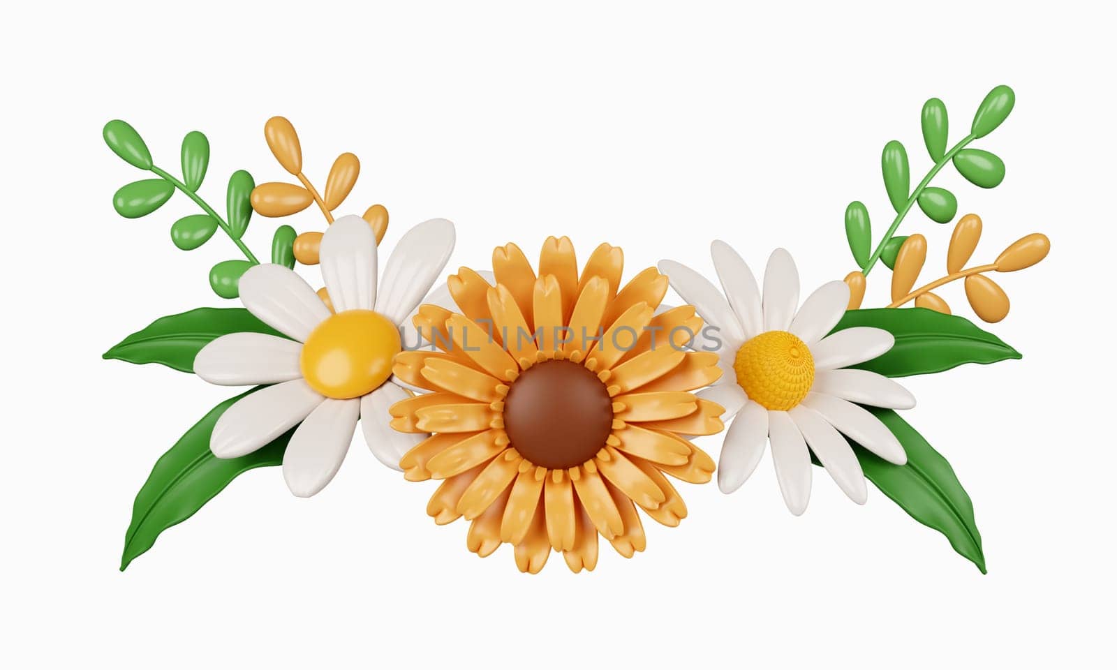 3d decorative flowers. Colorful spring bouquet. Floral arrangement garland. icon isolated on white background. 3d rendering illustration. Clipping path..