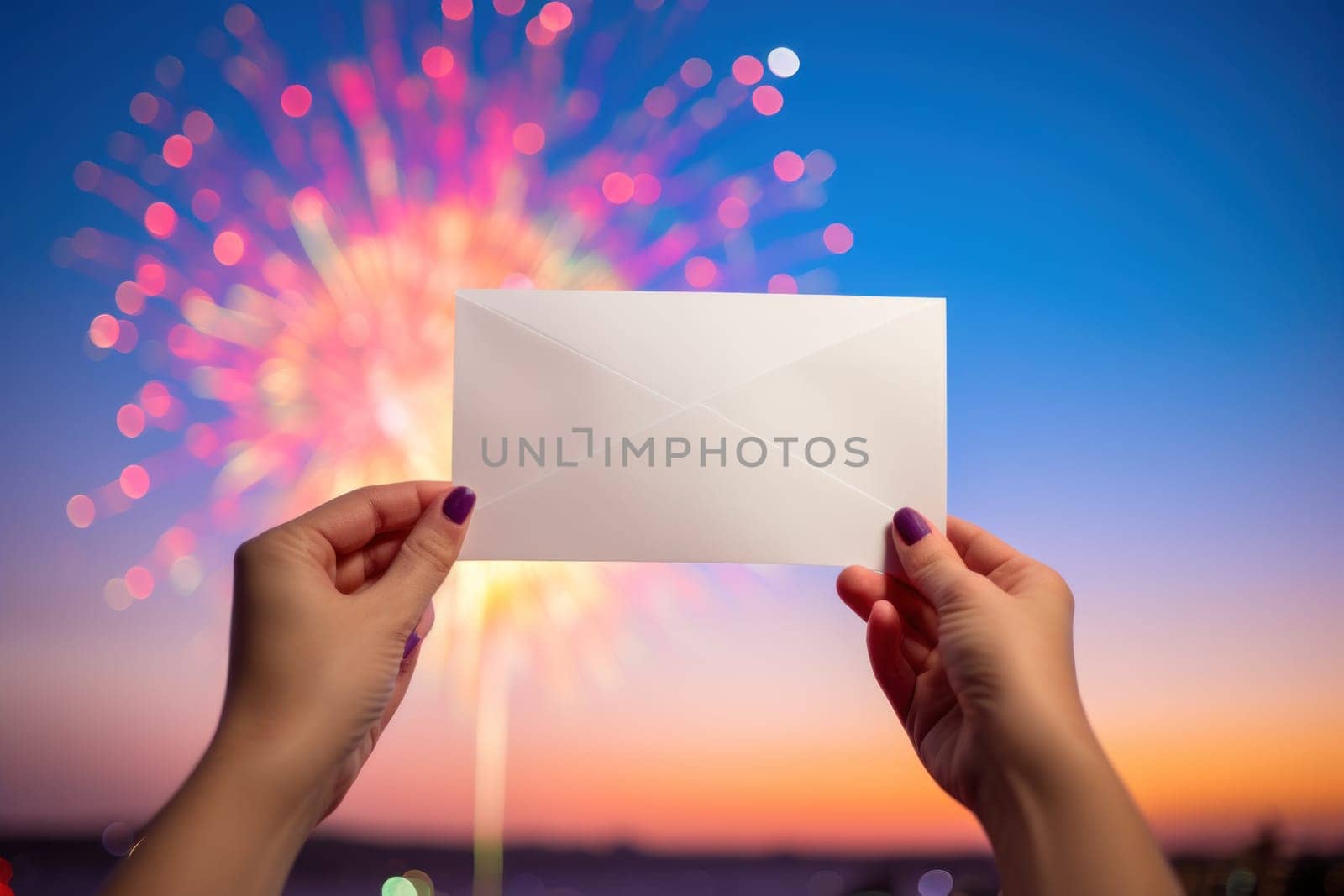 Woman holding white card on the fireworks display a night of celebration. Ai generated. by matamnad