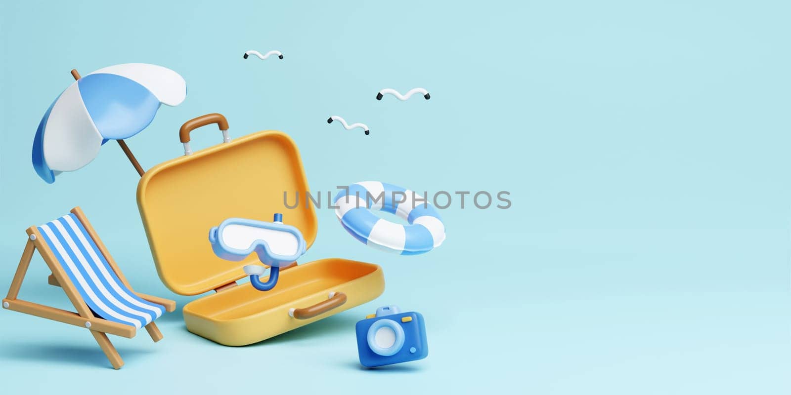 summer travel with yellow suitcase, beach chair, sunglasses ,camera, umbrella and diving goggle. Creative travel concept idea with copy space. illustration banner 3d rendering illustration.