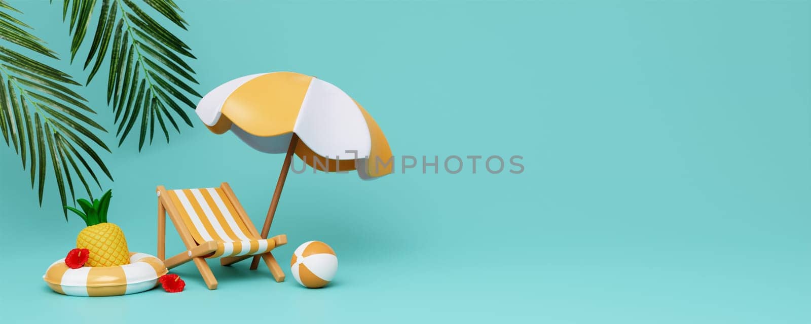 Beach Chair, Umbrella and swimming ring , Summer holiday, Time to travel concept. Creative travel concept idea with copy space. illustration banner 3d rendering illustration.