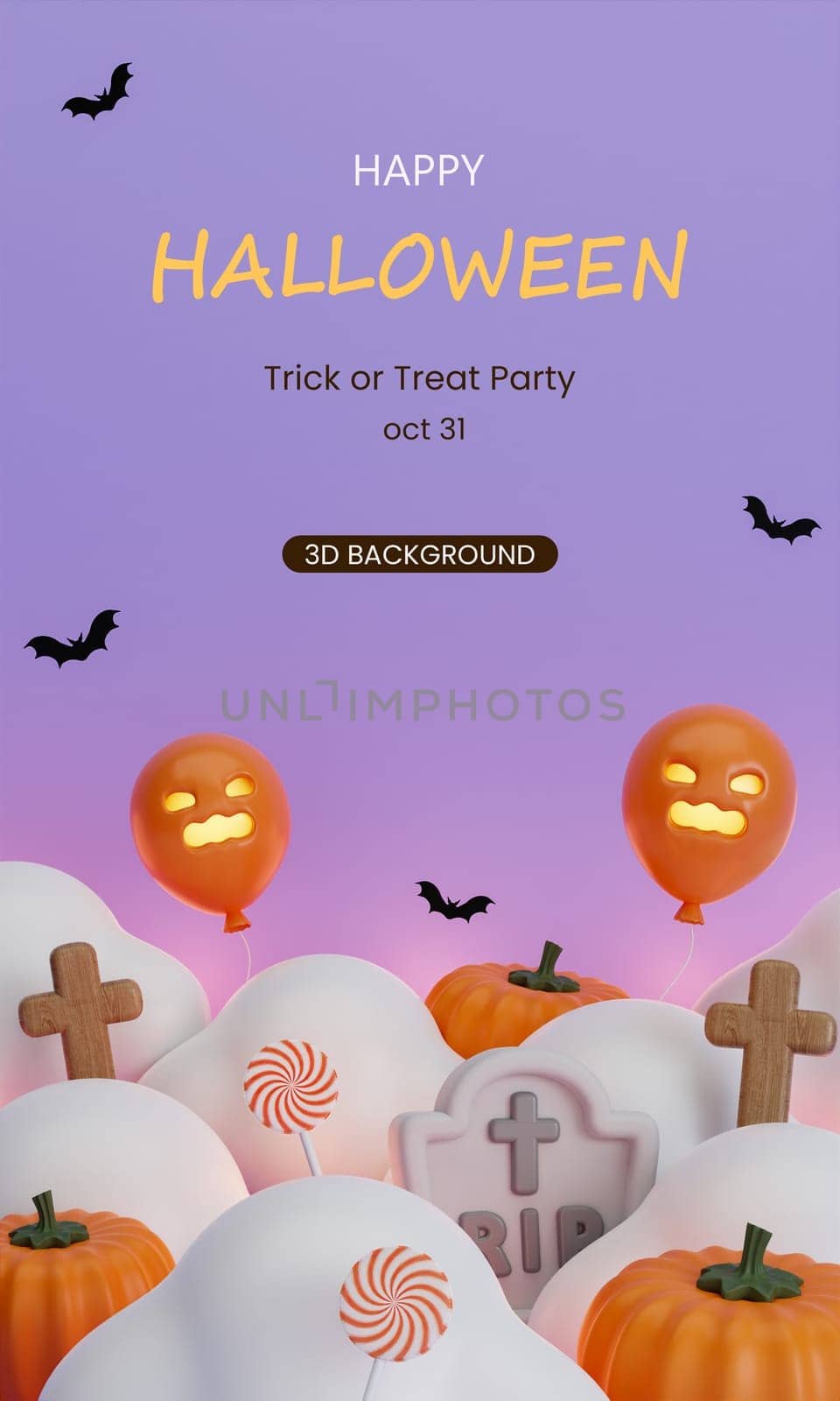 3d Happy Halloween background with text. cloud white pumpkins, grave, balloon and bat. Halloween concept. Traditional October holiday. copy space. 3d render..