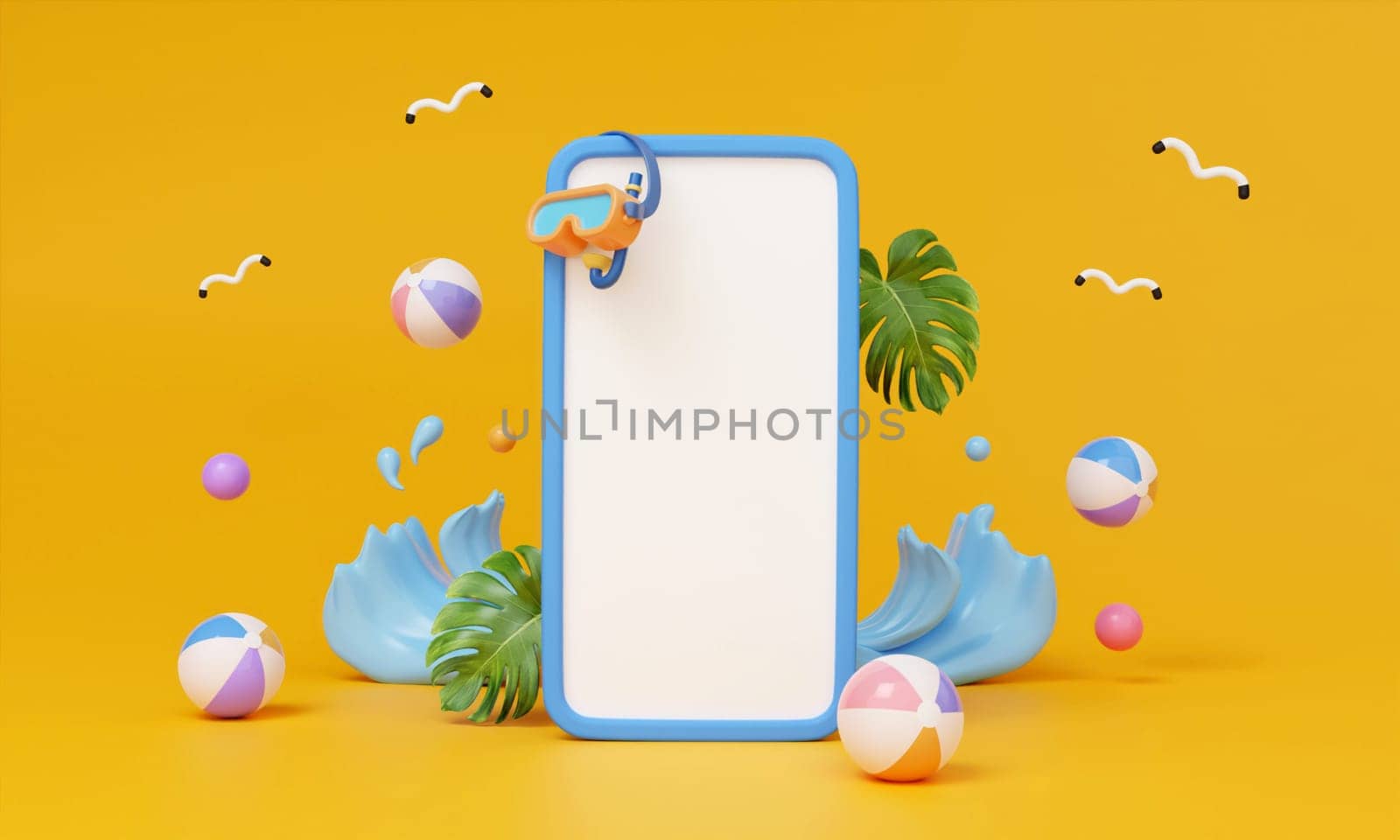 3d Mockup Phone with beach accessory. Summer Holiday Concept on yellow background. 3d rendering illustration by meepiangraphic