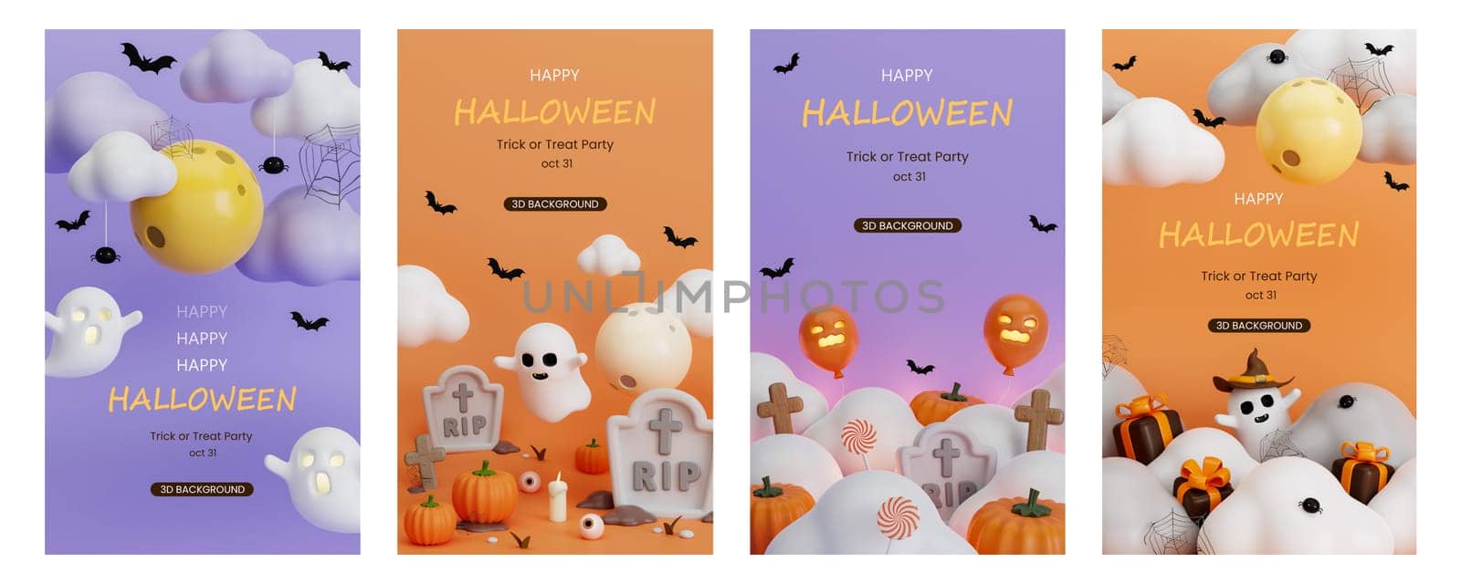 3d set Happy Halloween background. Happy Halloween concept. Traditional October holiday. copy space. 3d render..