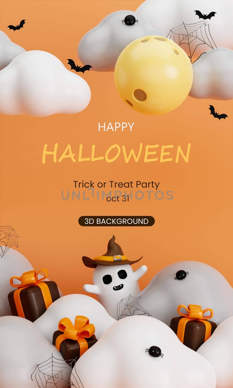 3d Happy Halloween background with text. white ghost cute with giftbox on cloud with moon and bat. Halloween concept. Traditional October holiday. copy space. 3d render..