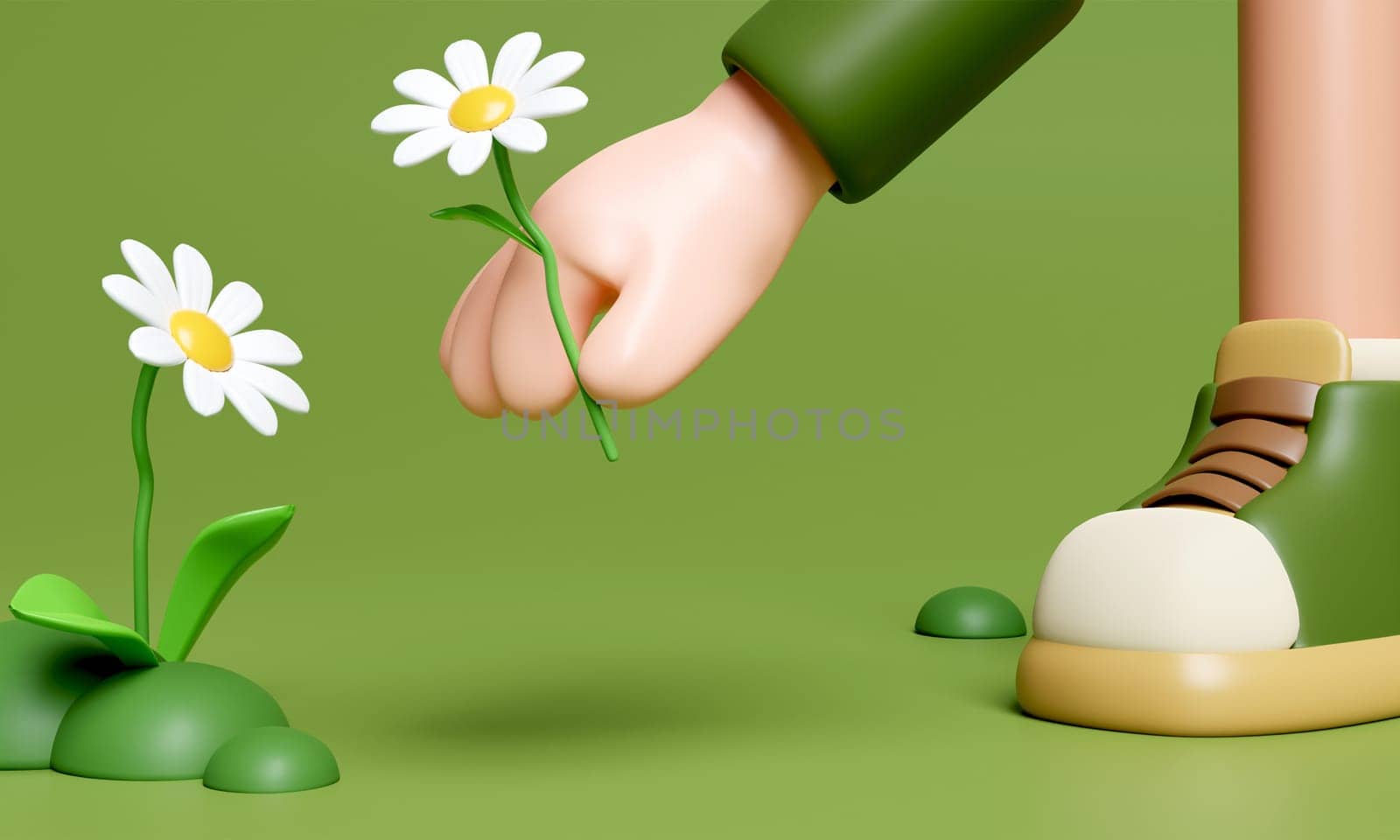 3d Walking holding flower in nature and elements for camping, summer camp, camp fire, trip, hiking. Concept. 3d rendering illustration..