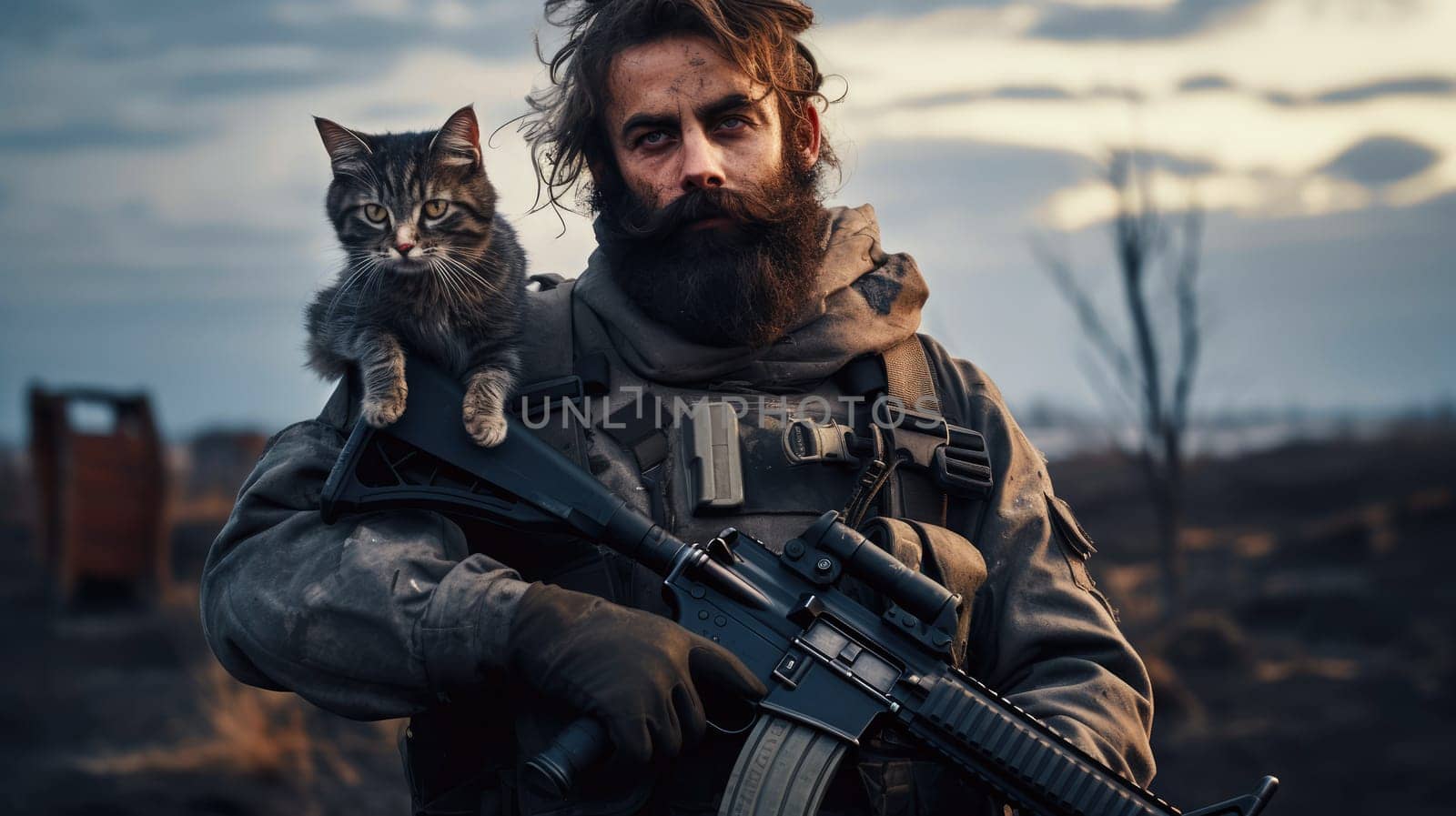 Portrait of a military man with a gun holding a kitten by palinchak
