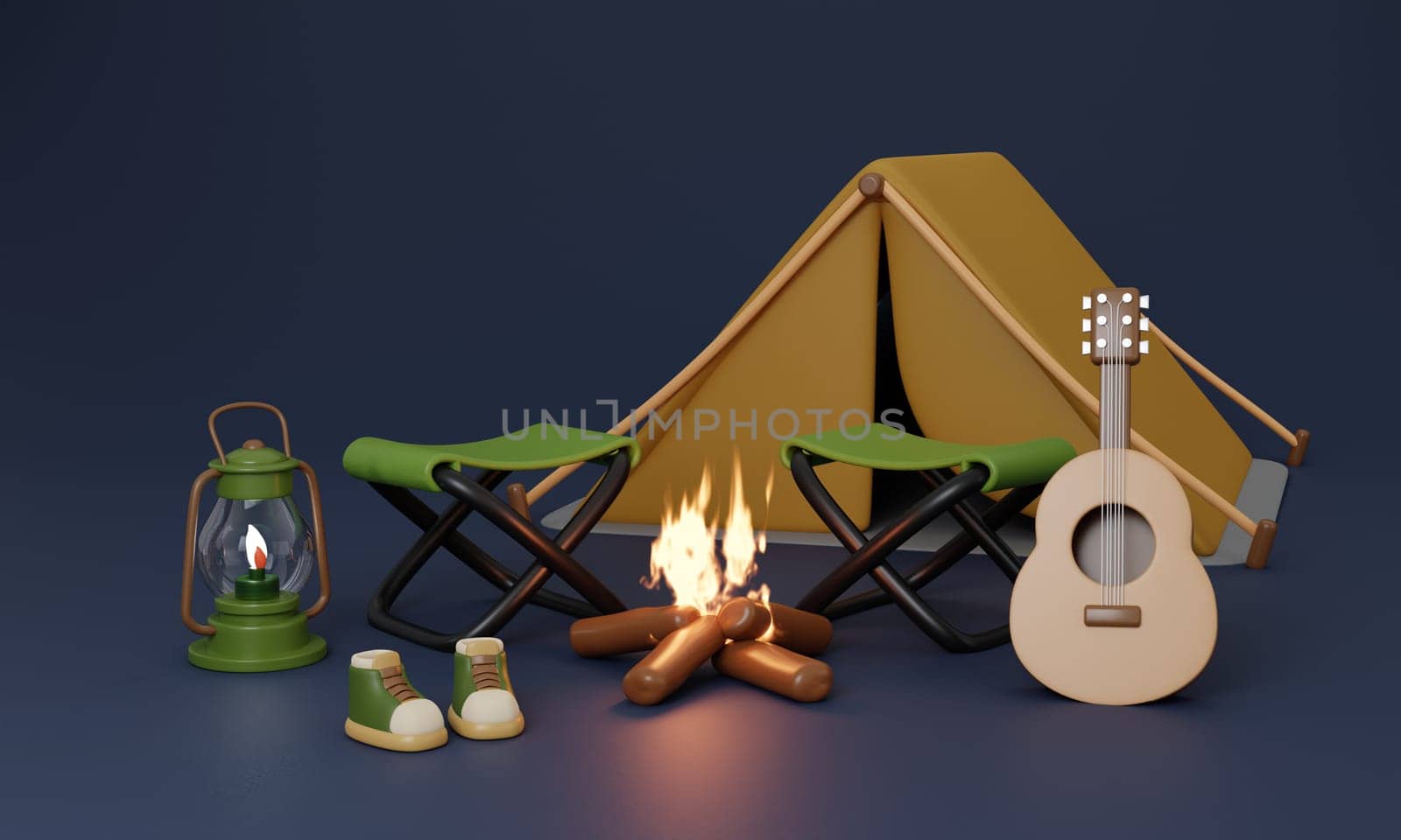 3d Night and dark Campsite in nature and elements for camping,camp fire, trip, hiking. Concept. 3d rendering illustration..