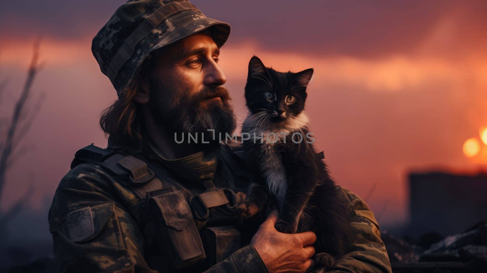 War and domestic animals. Portrait of a military man with a gun holding a kitten in his arms during the warfare